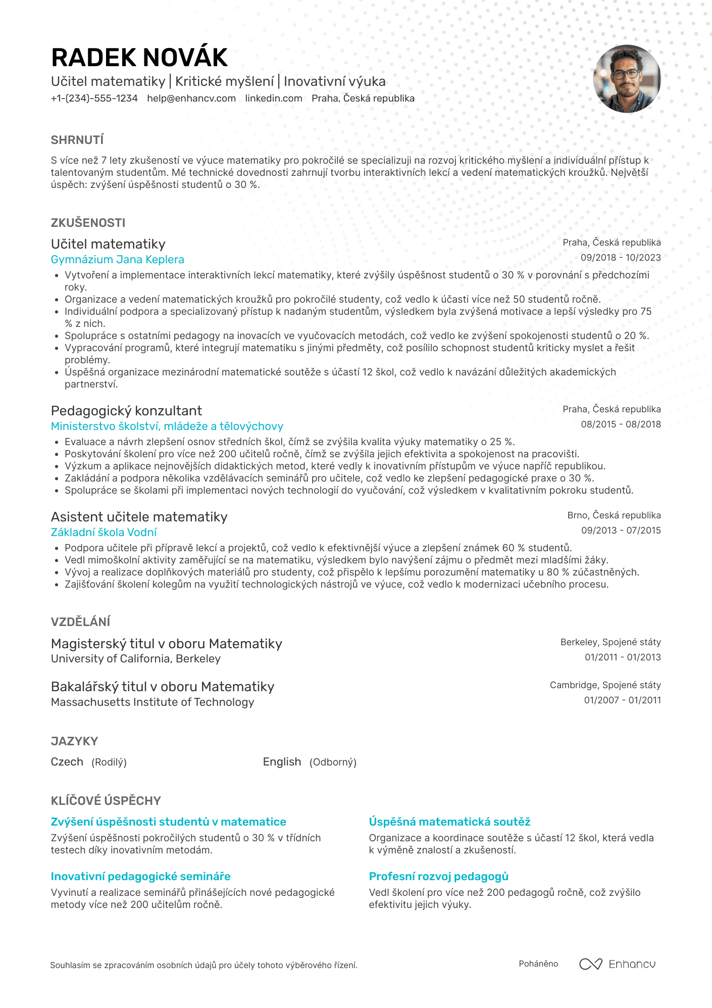 Životopis pro Učitel matematiky pro pokročilé Resume Example