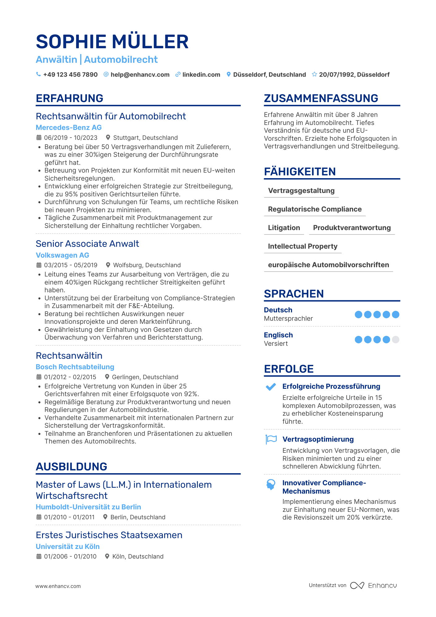 Lebenslauf in Rechtsanwalt für Automobilindustrie Resume Example