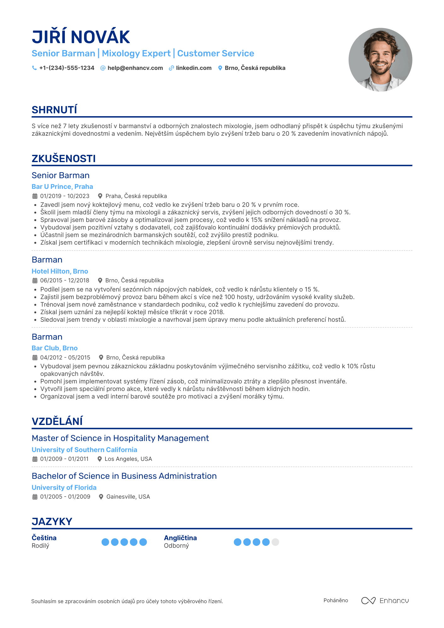 Životopis pro Senior barman Resume Example
