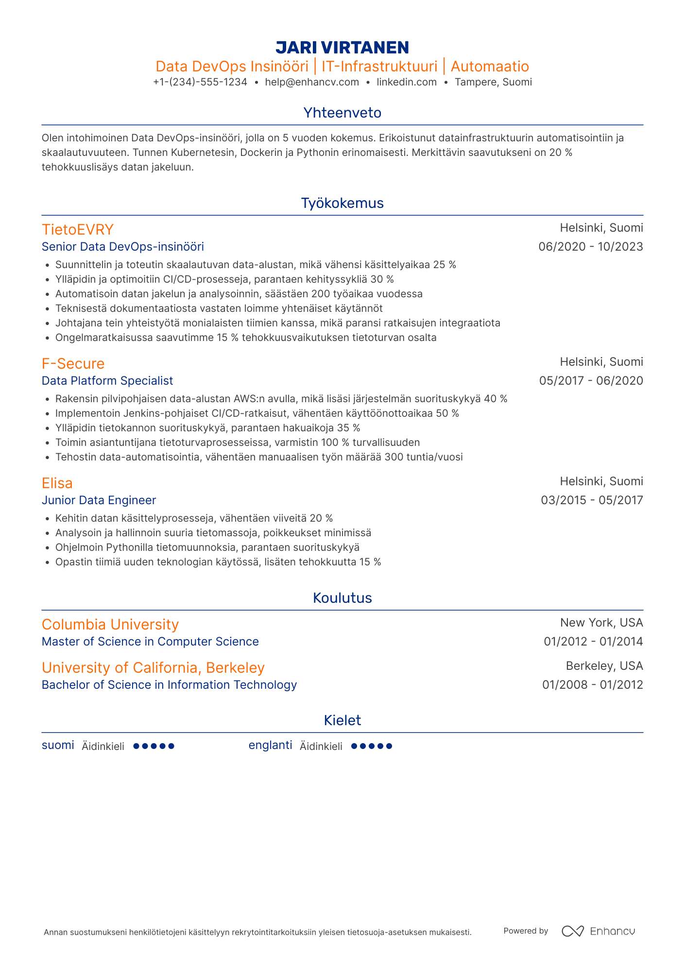 Ansioluettelo Data DevOps insinööri Resume Example
