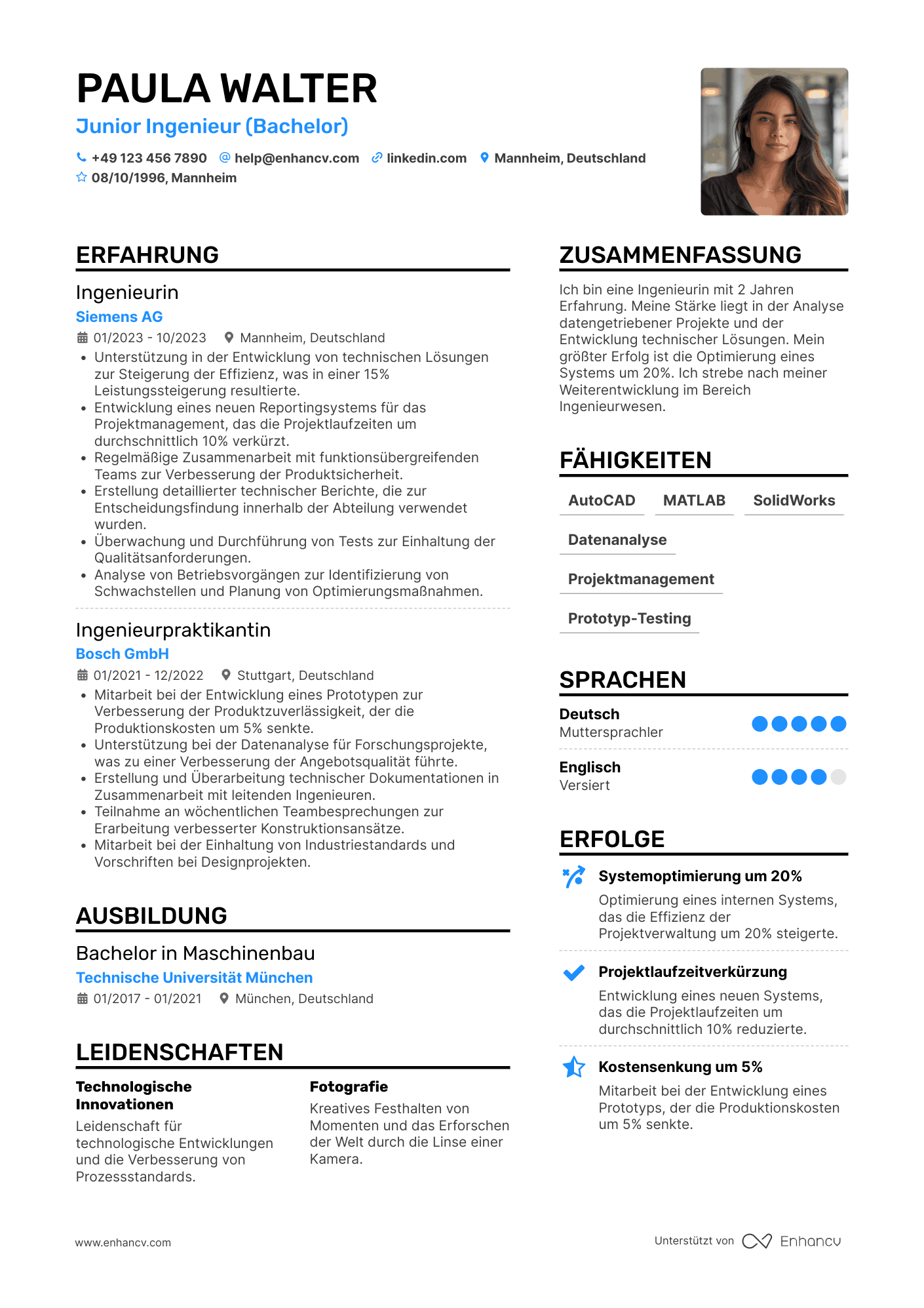 Lebenslauf als Junior Ingenieur Resume Example