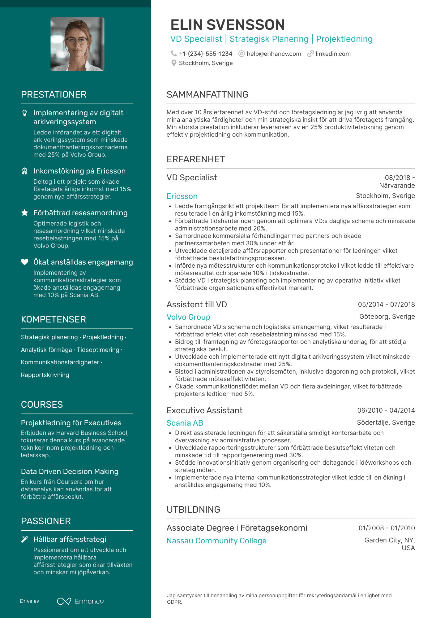 CV för VD Specialist Resume Example