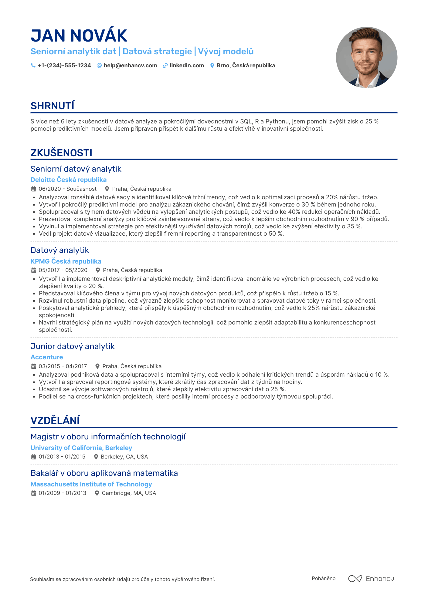 Životopis pro Seniorní analytik dat Resume Example