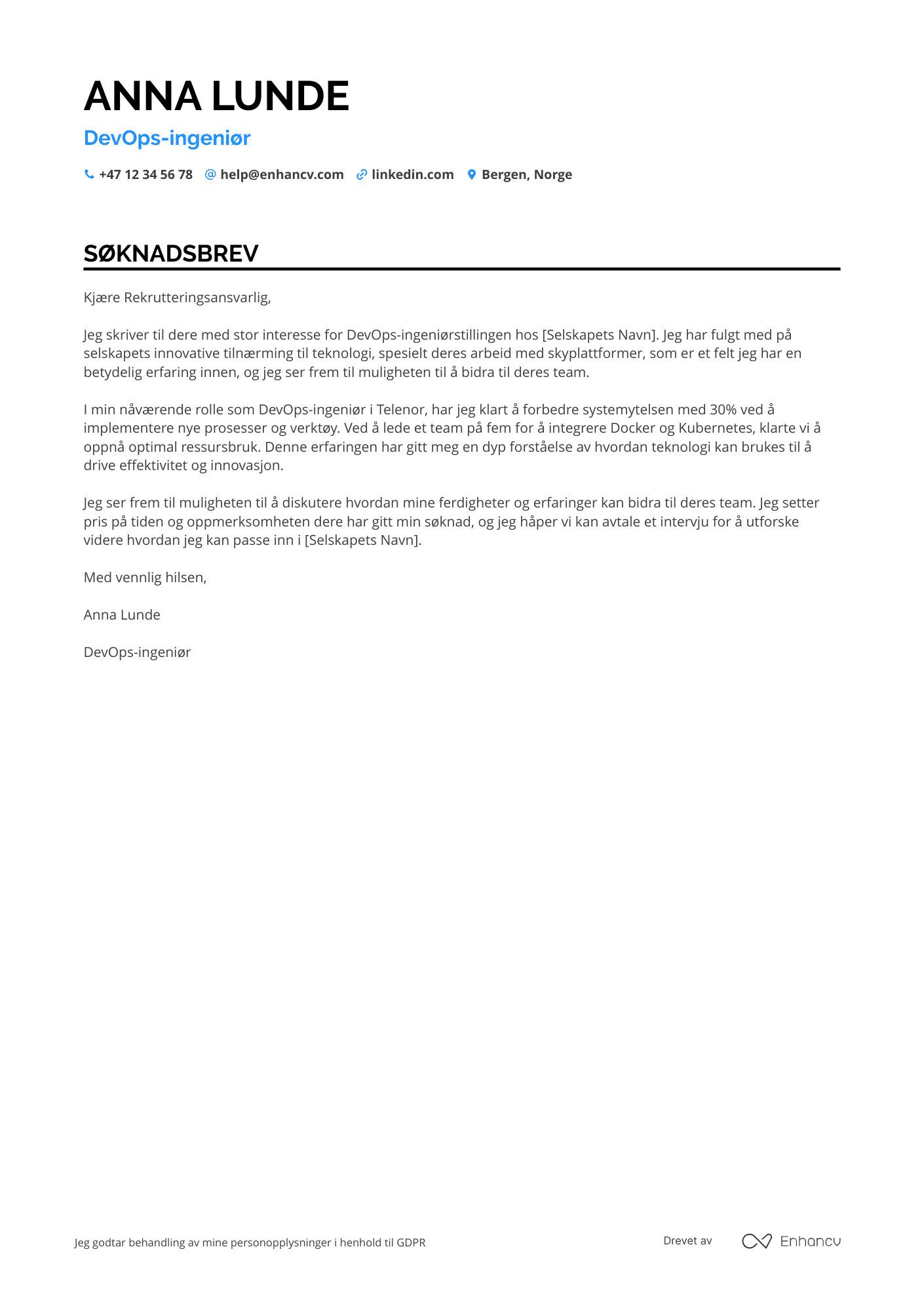 Søknadsbrev for Entry level DevOps ingeniør Resume Example