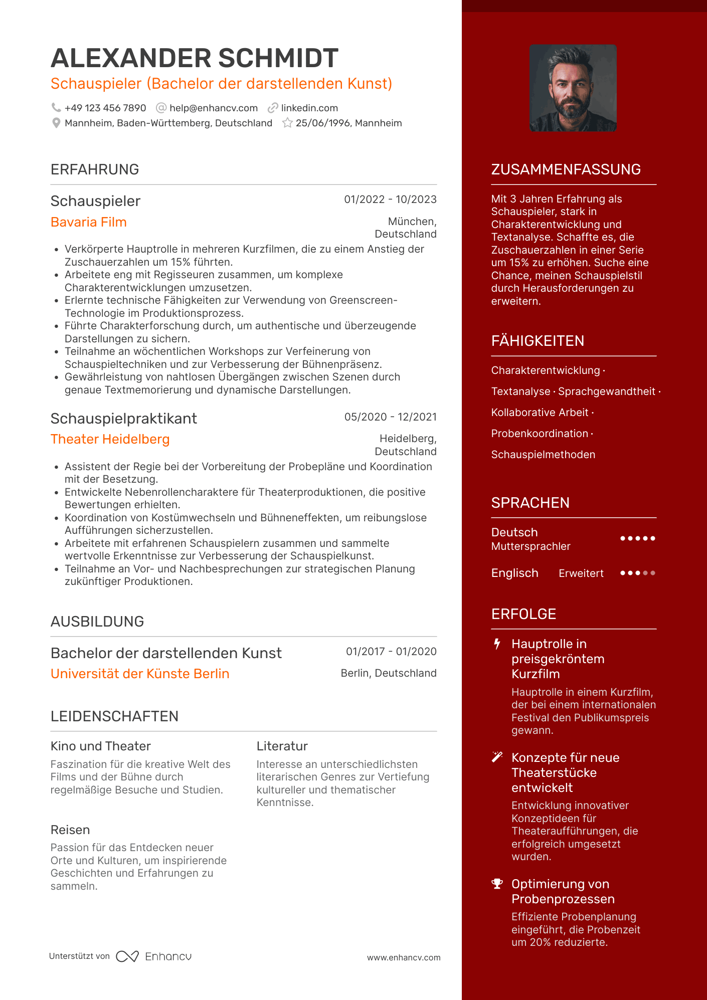 Lebenslauf als Junior Schauspieler Resume Example