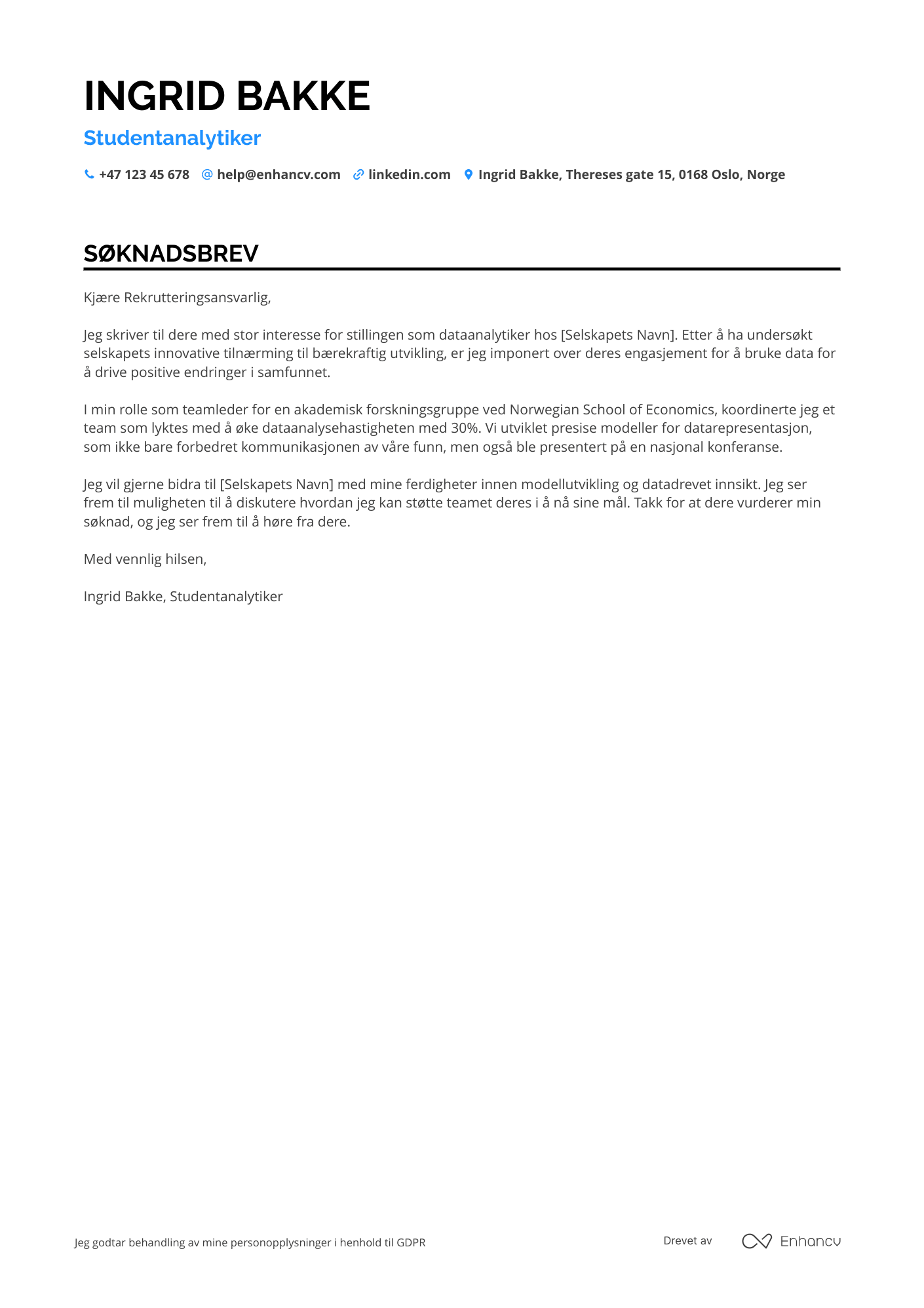 Søknadsbrev for Studentanalytiker Resume Example