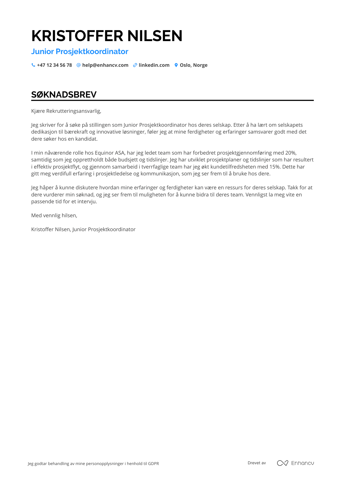 Søknadsbrev for Junior Prosjektkoordinator Resume Example