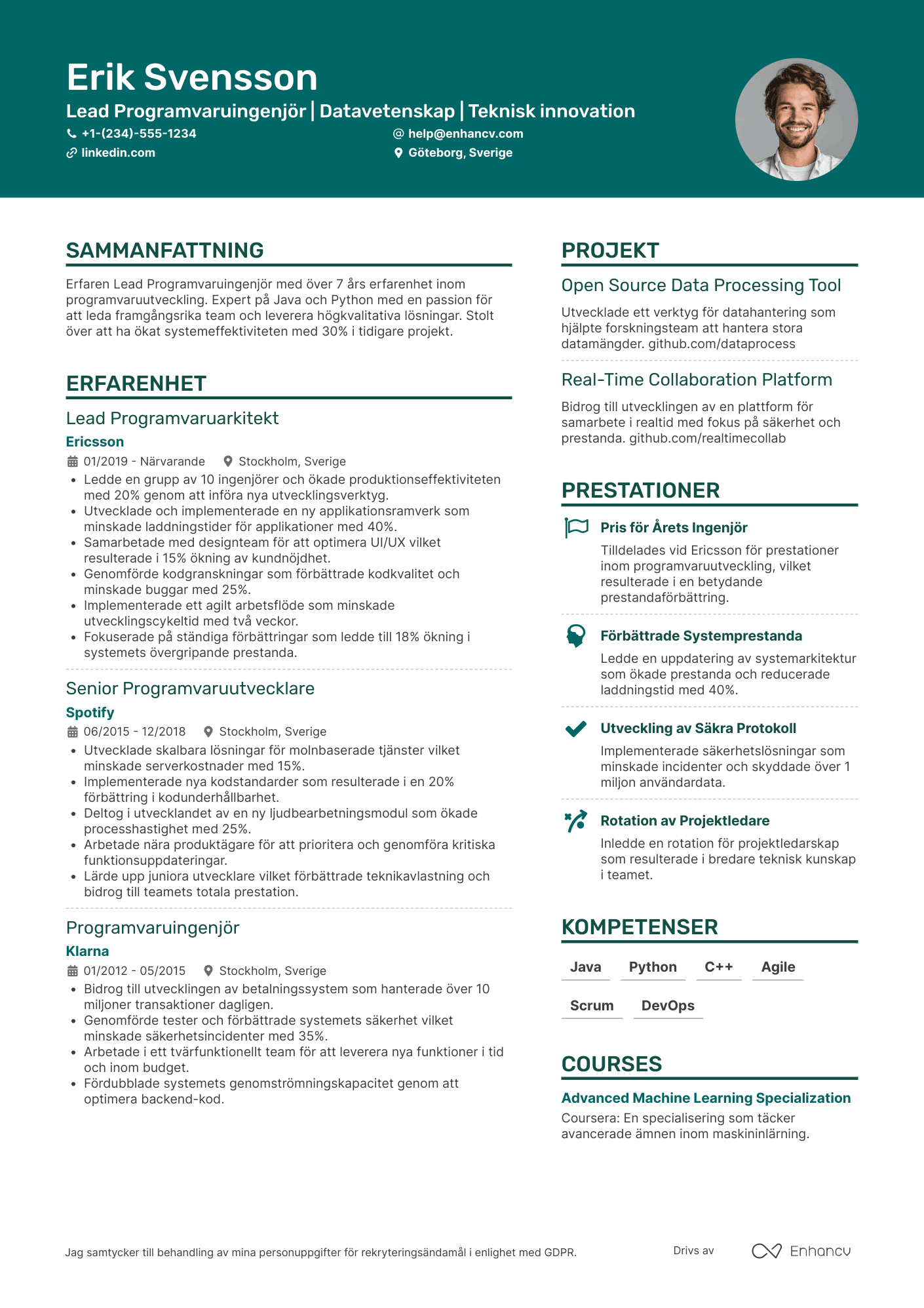 CV för Lead Programvaruingenjör Resume Example