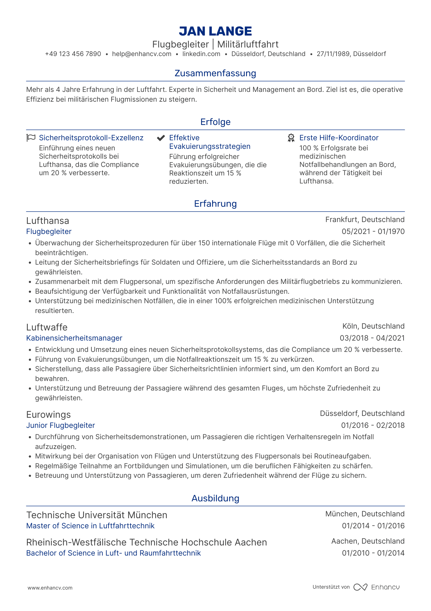 Lebenslauf in Flugbegleiter in der Militärluftfahrt Resume Example