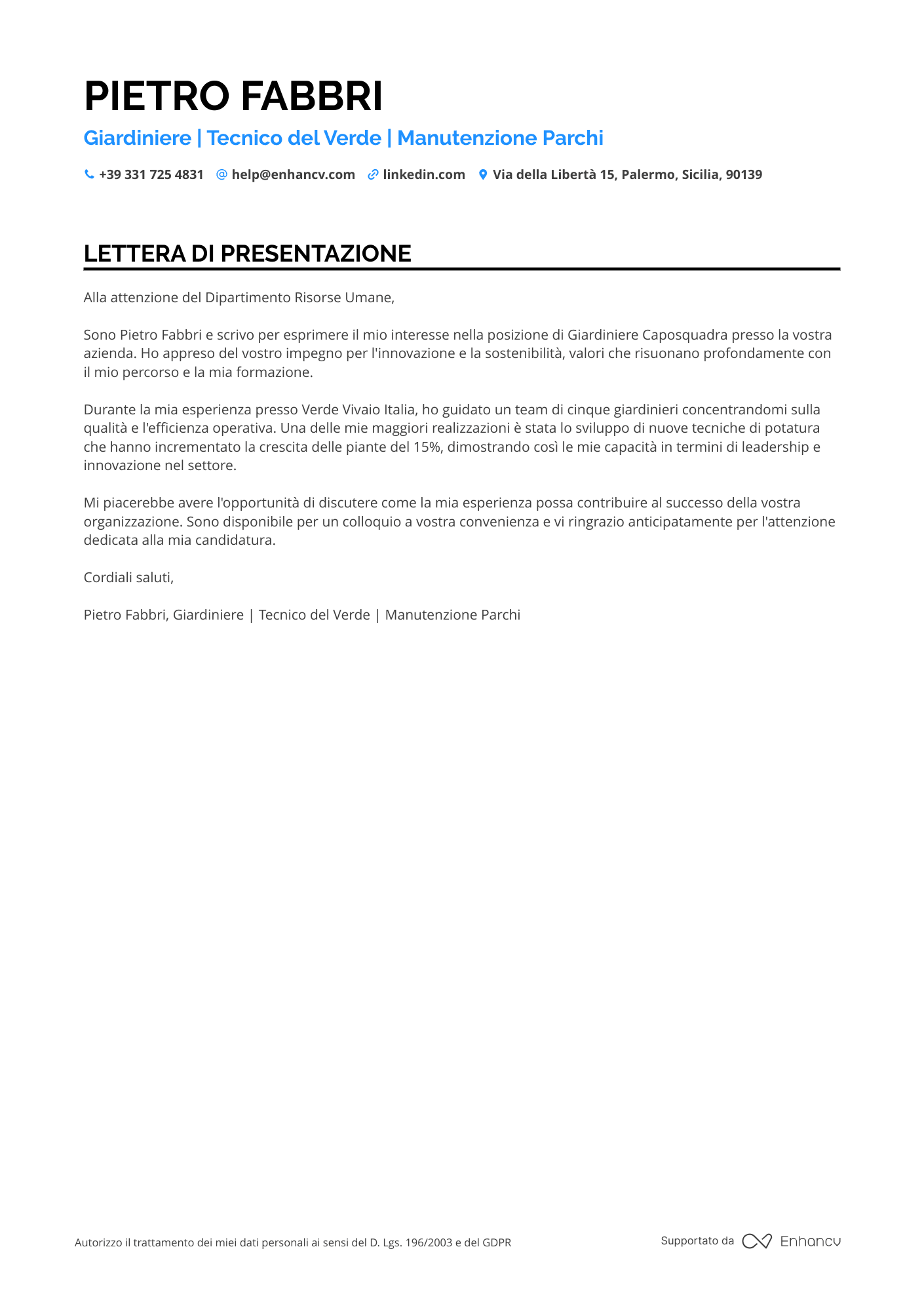 Giardiniere di Serre Resume Example