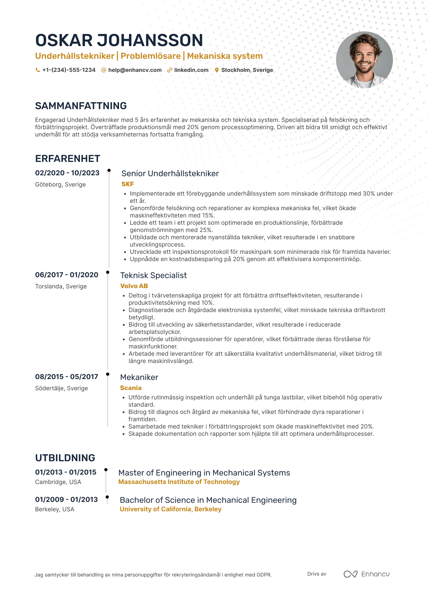CV för Trainee Underhållstekniker Resume Example