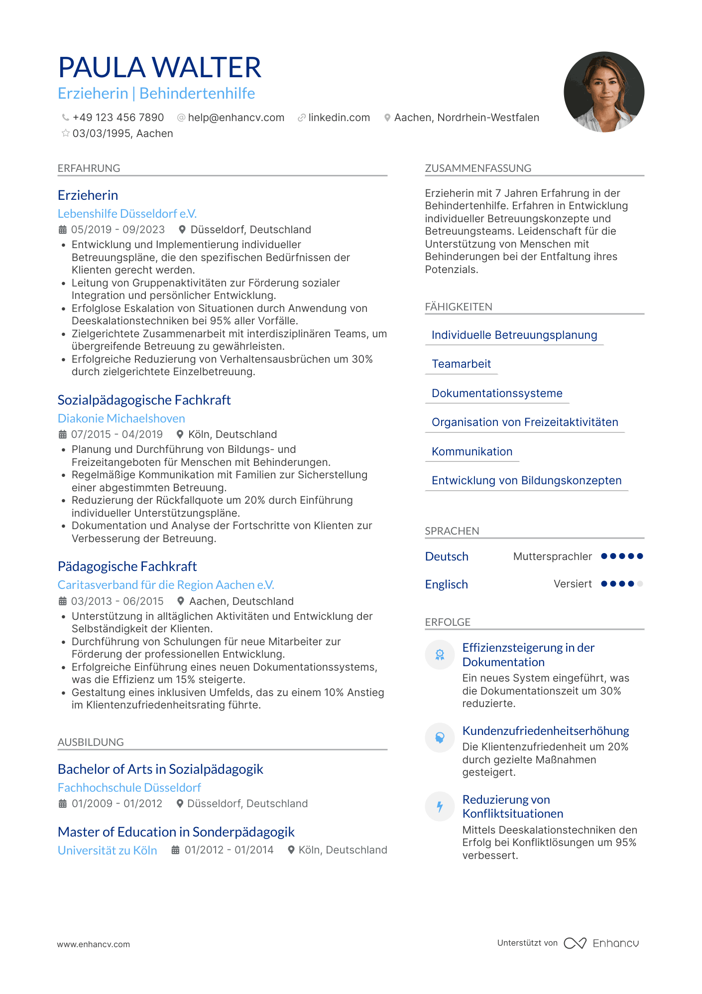 Lebenslauf in Erzieherin in der Behindertenhilfe Resume Example