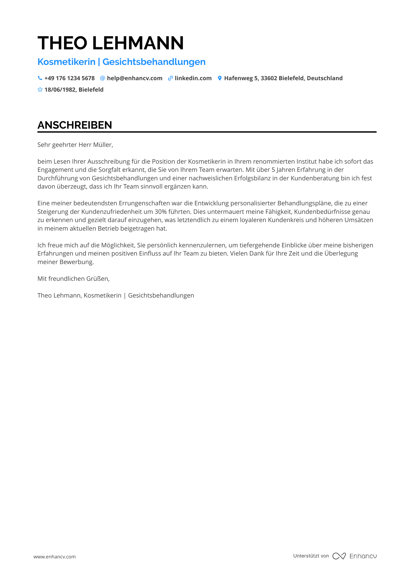Kosmetikerin für Gesichtsbehandlungen Resume Example