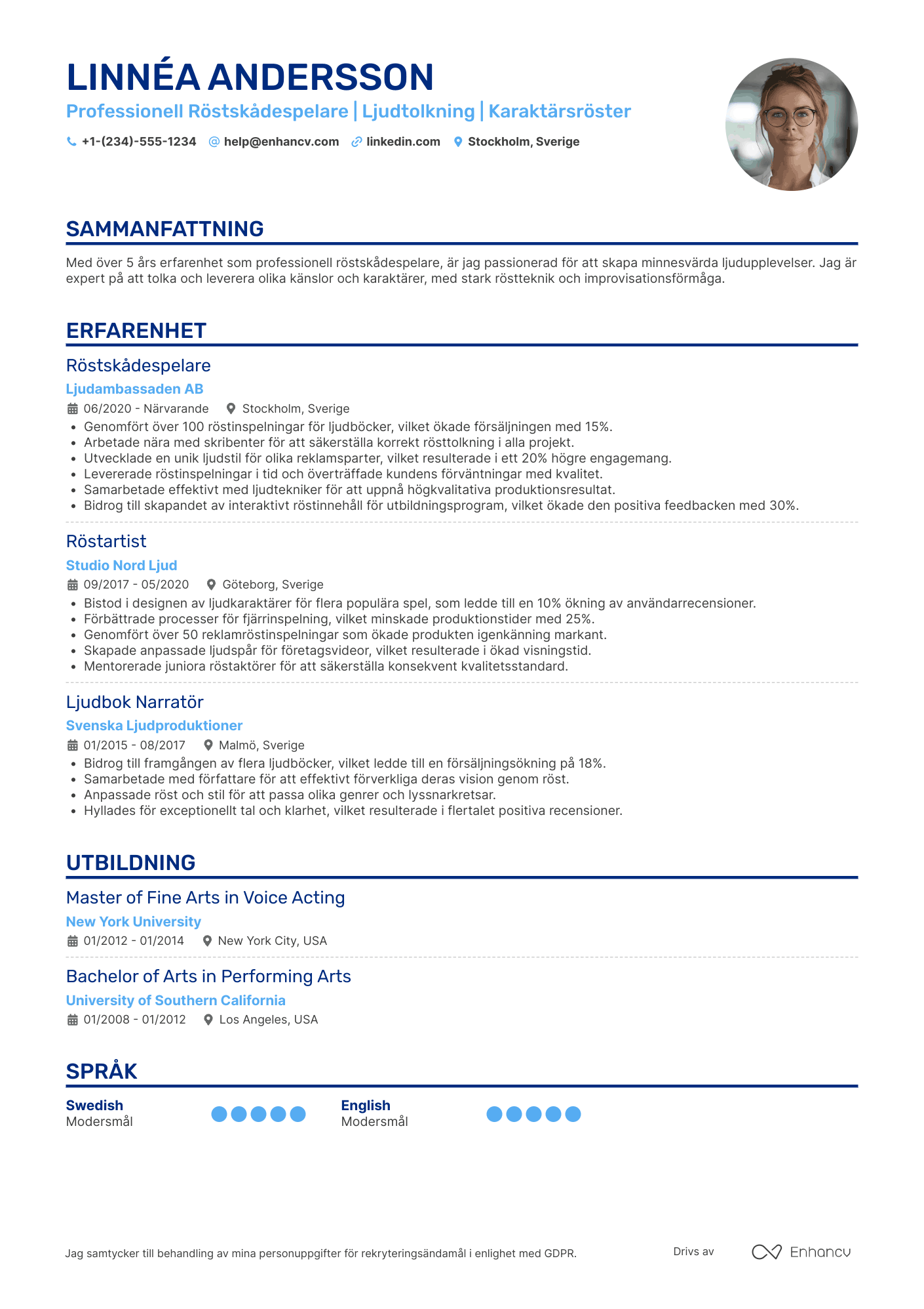 CV för Professionell Röstskådespelare Resume Example