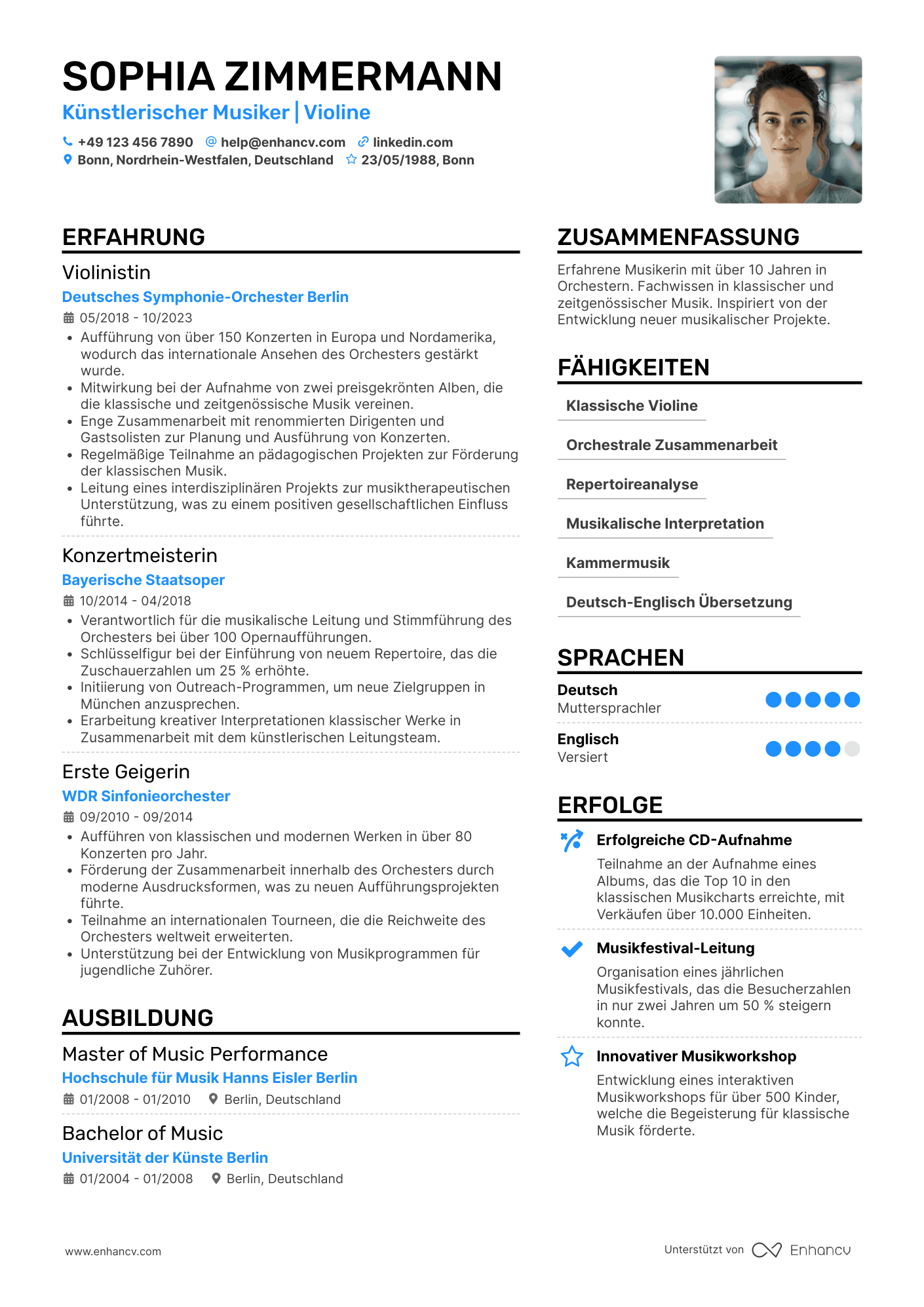 Lebenslauf in Künstlerischer Musiker Resume Example
