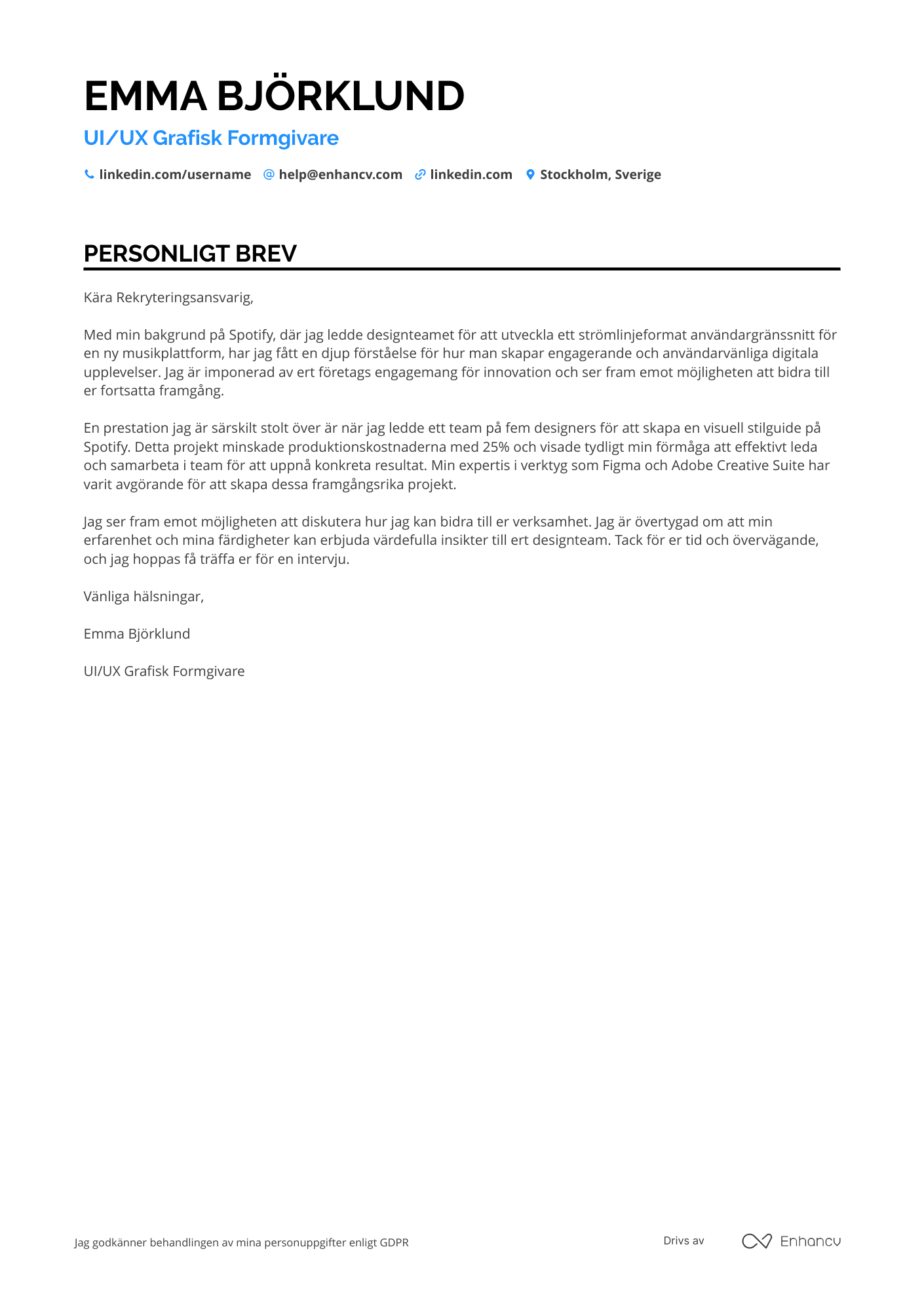 Personligt brev för UI/UX Grafisk Formgivare Resume Example