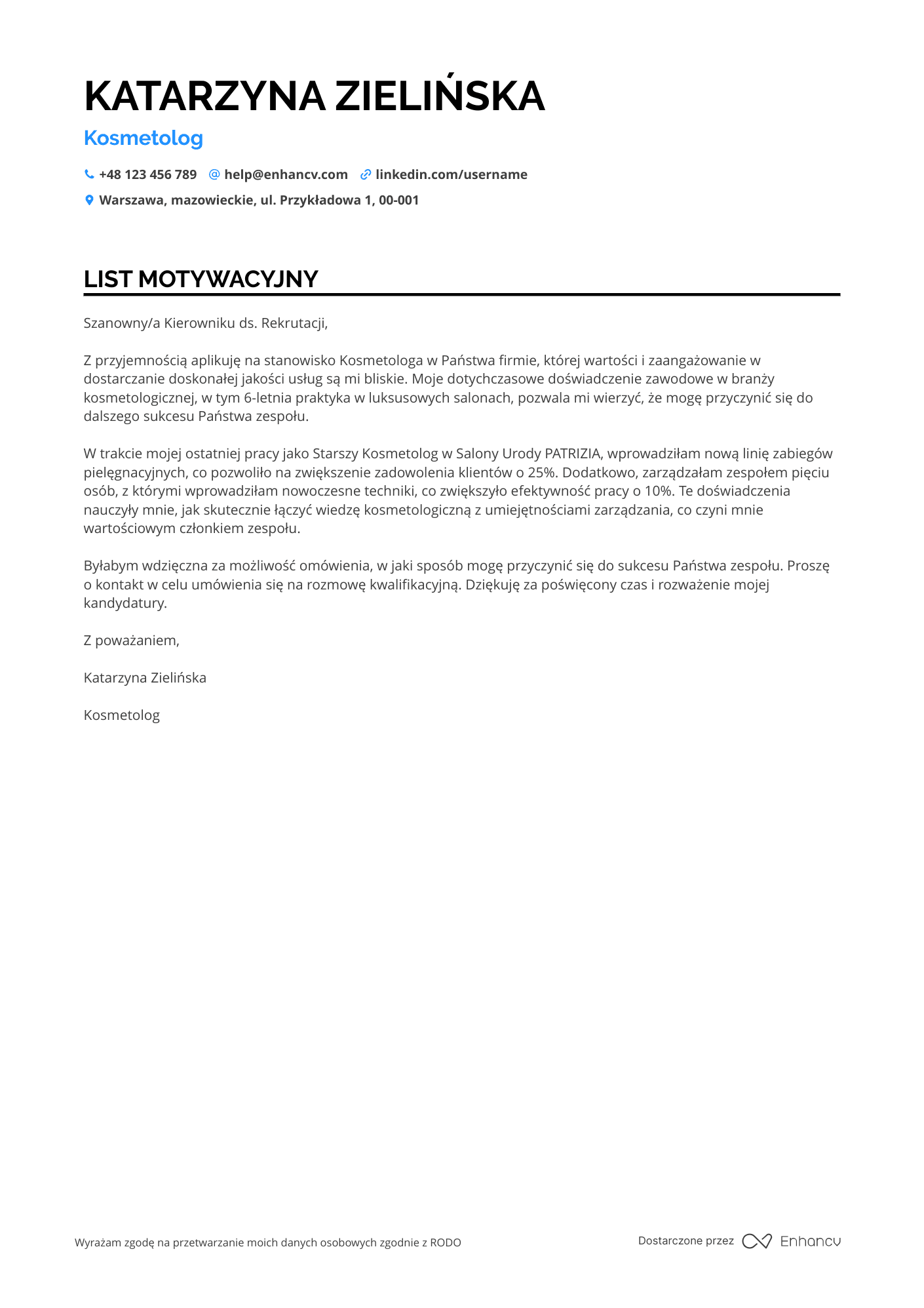 List motywacyjny dla Kosmetolog w Spa Resume Example
