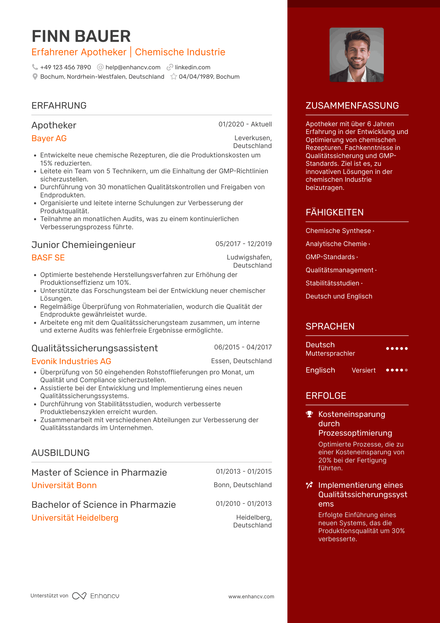 Lebenslauf in Apotheker in der chemischen Industrie Resume Example