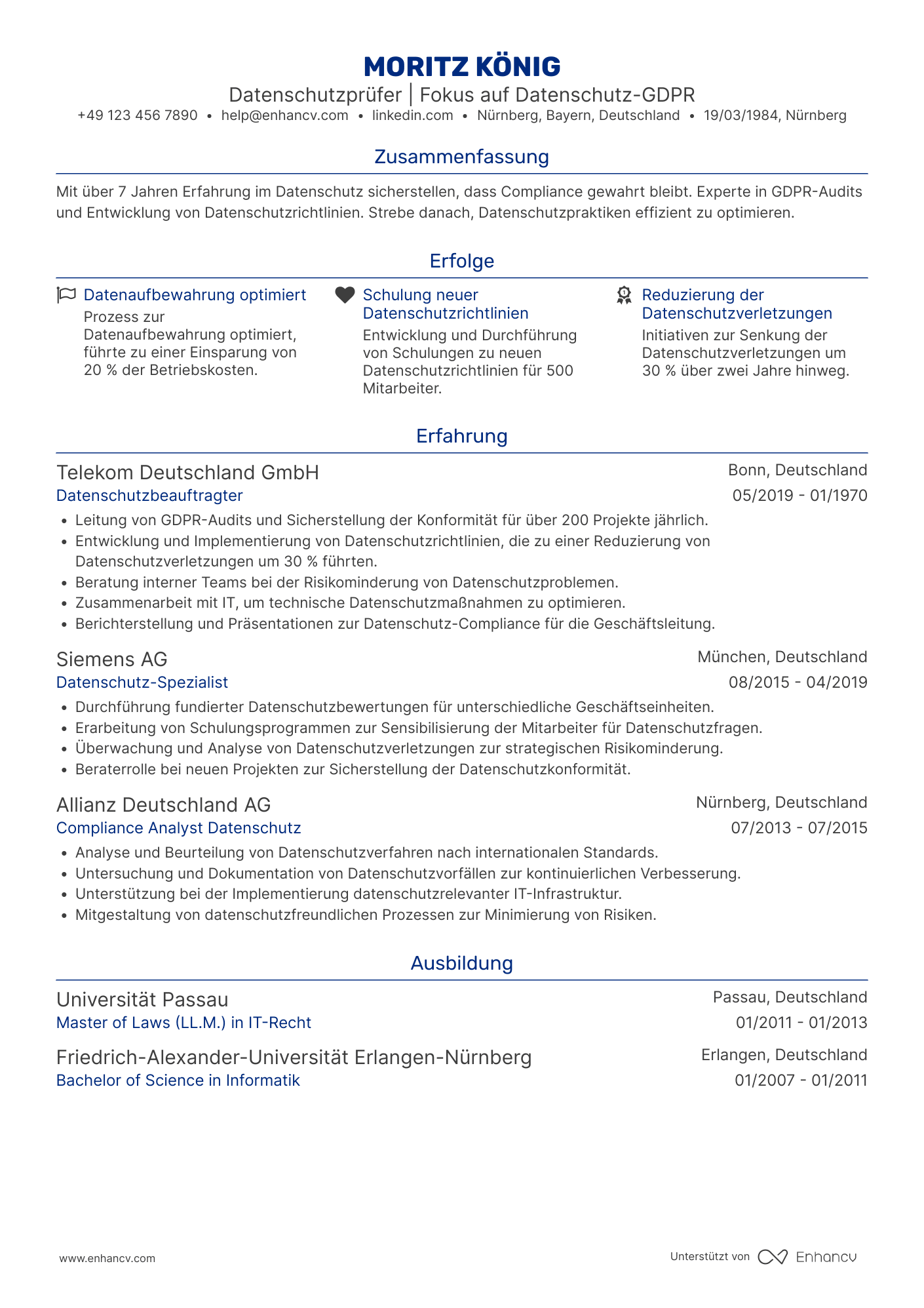 Lebenslauf als Prüfer für Datenschutz Resume Example