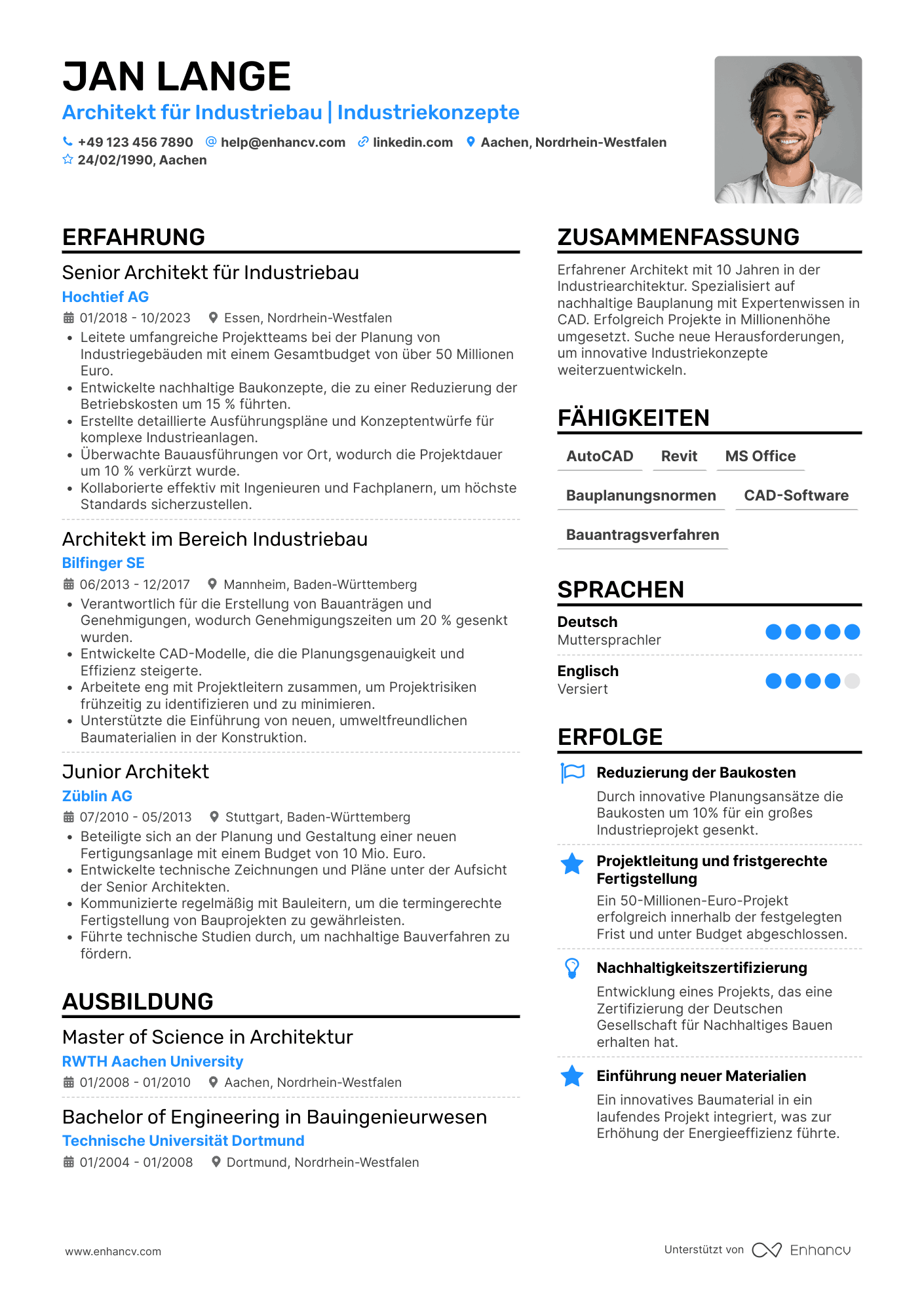 Lebenslauf als Architekt für Industriebau Resume Example