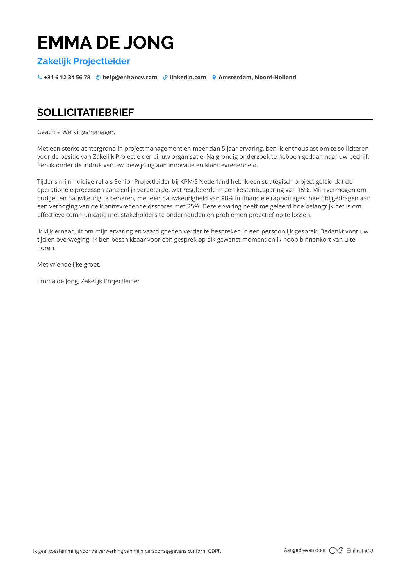 Sollicitatiebrief voor Zakelijk Projectleider Resume Example