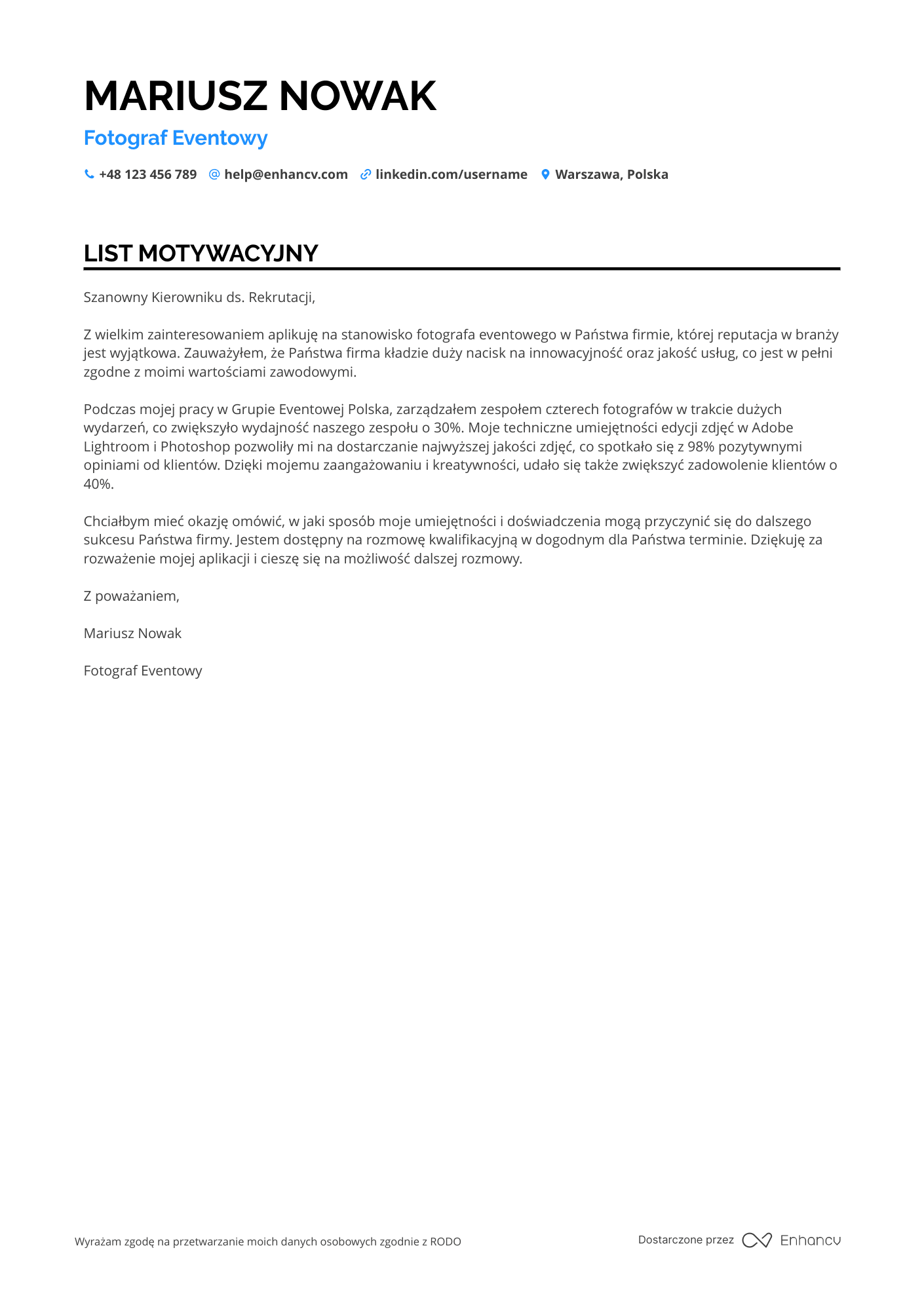 List motywacyjny dla Fotograf eventowy Resume Example