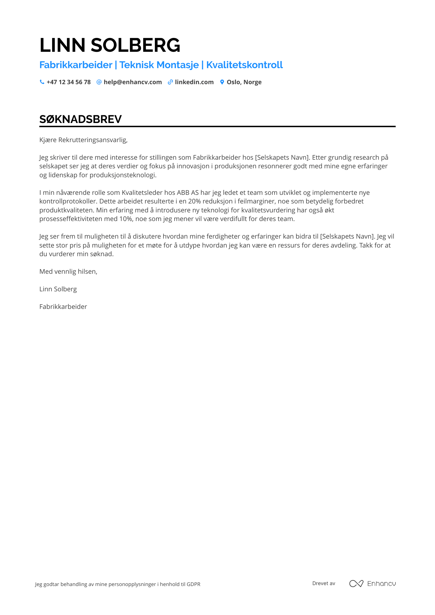 Søknadsbrev for Fabrikkarbeider Montering Resume Example