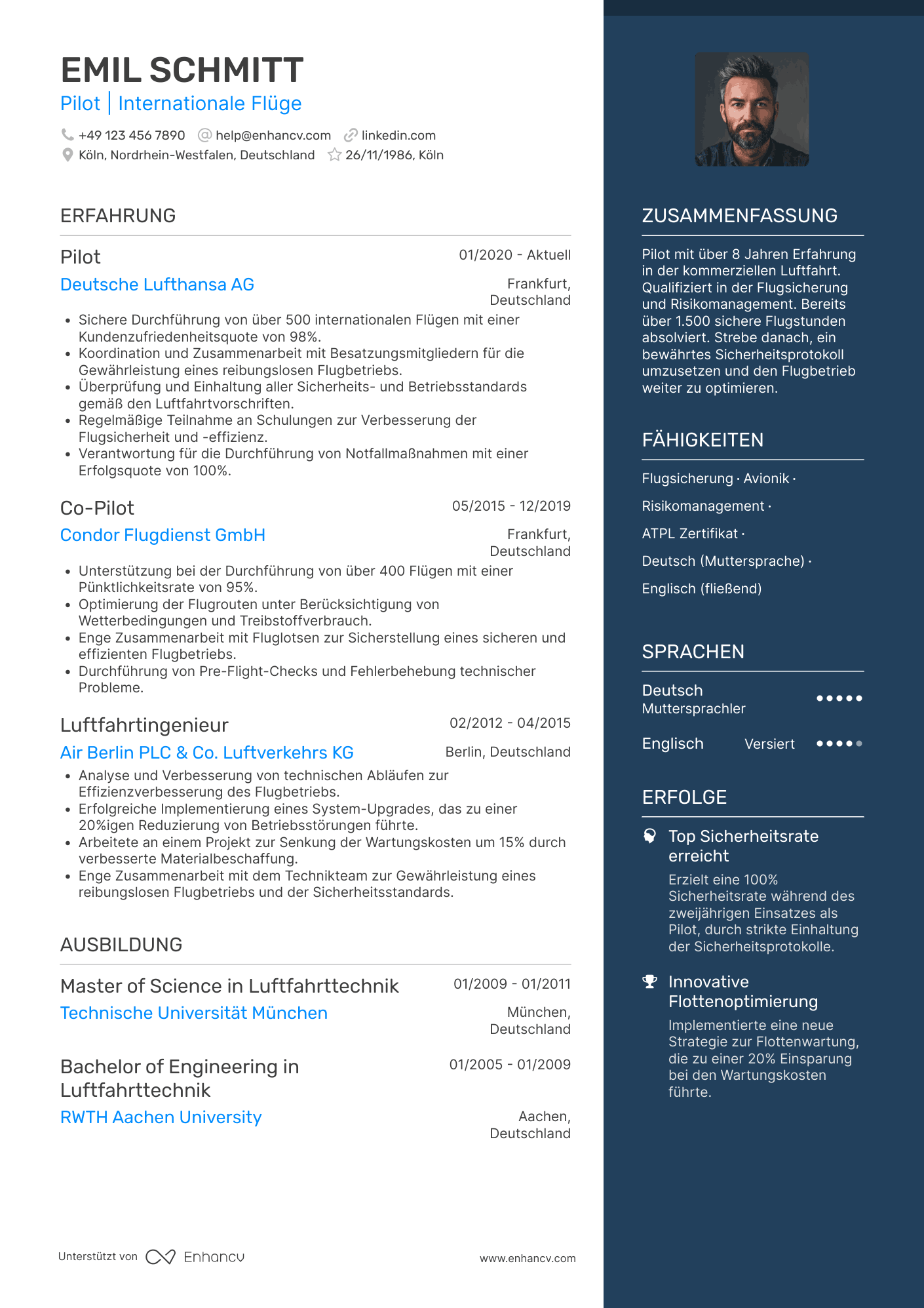 Lebenslauf als Pilot mit mittlerer Erfahrung Resume Example
