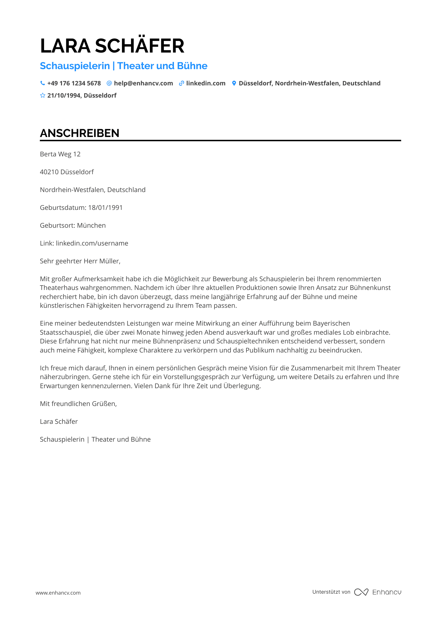 Theater Schauspieler Resume Example