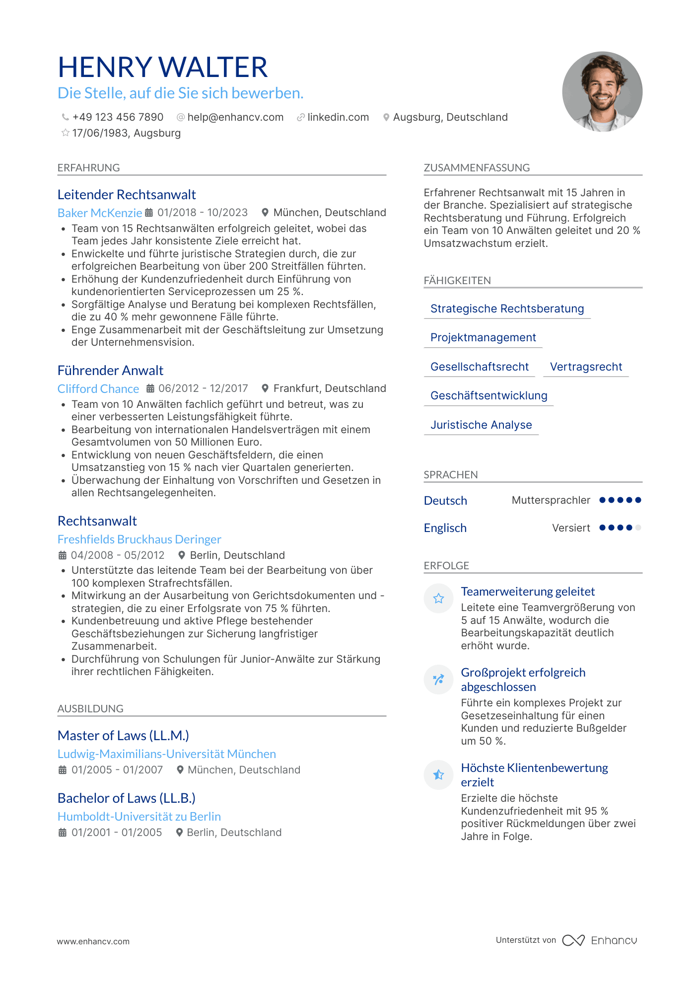 Lebenslauf als Rechtsanwalt mit Führungserfahrung Resume Example