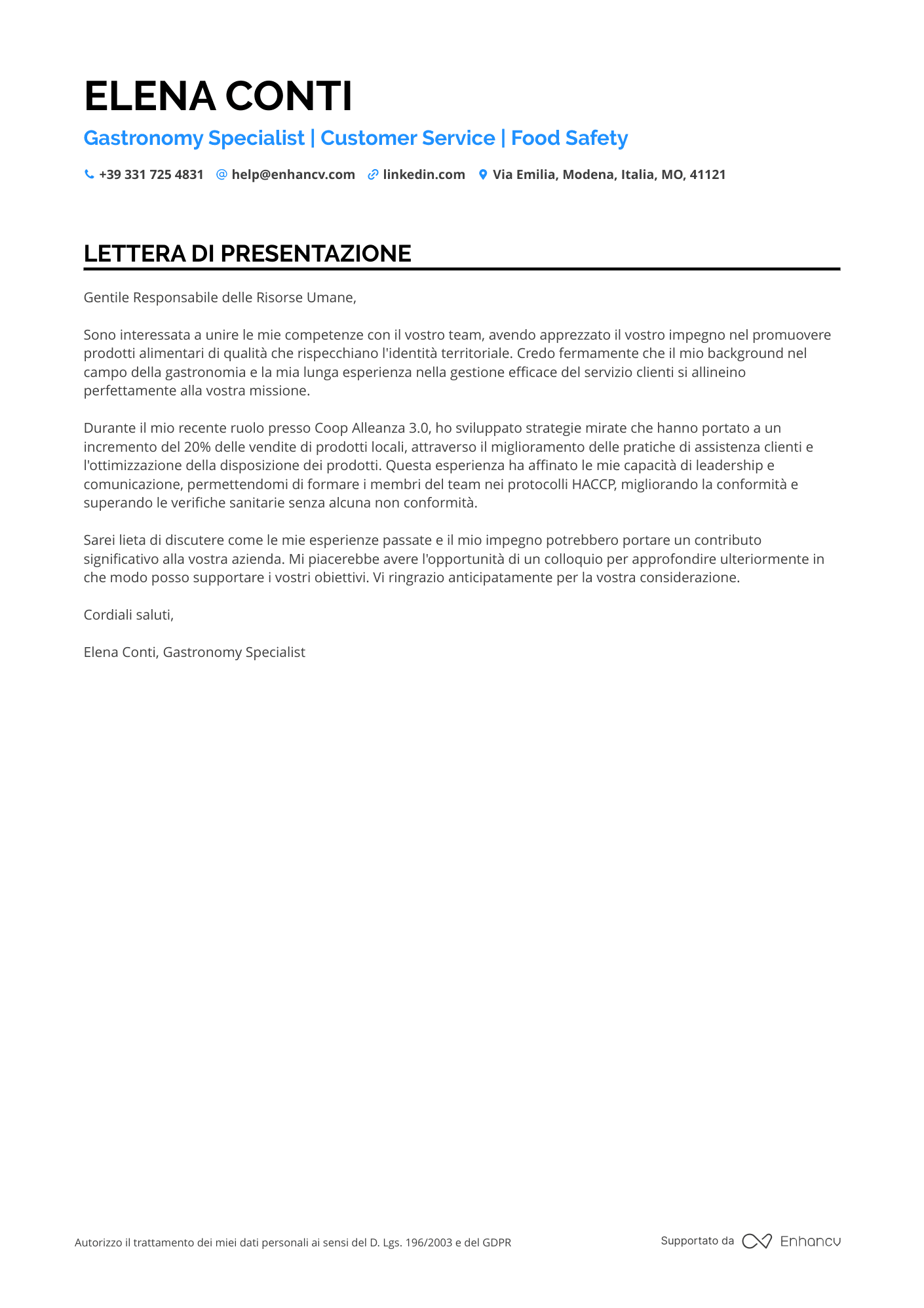 Addetto al Banco Salumi e Formaggi Eurospin Resume Example