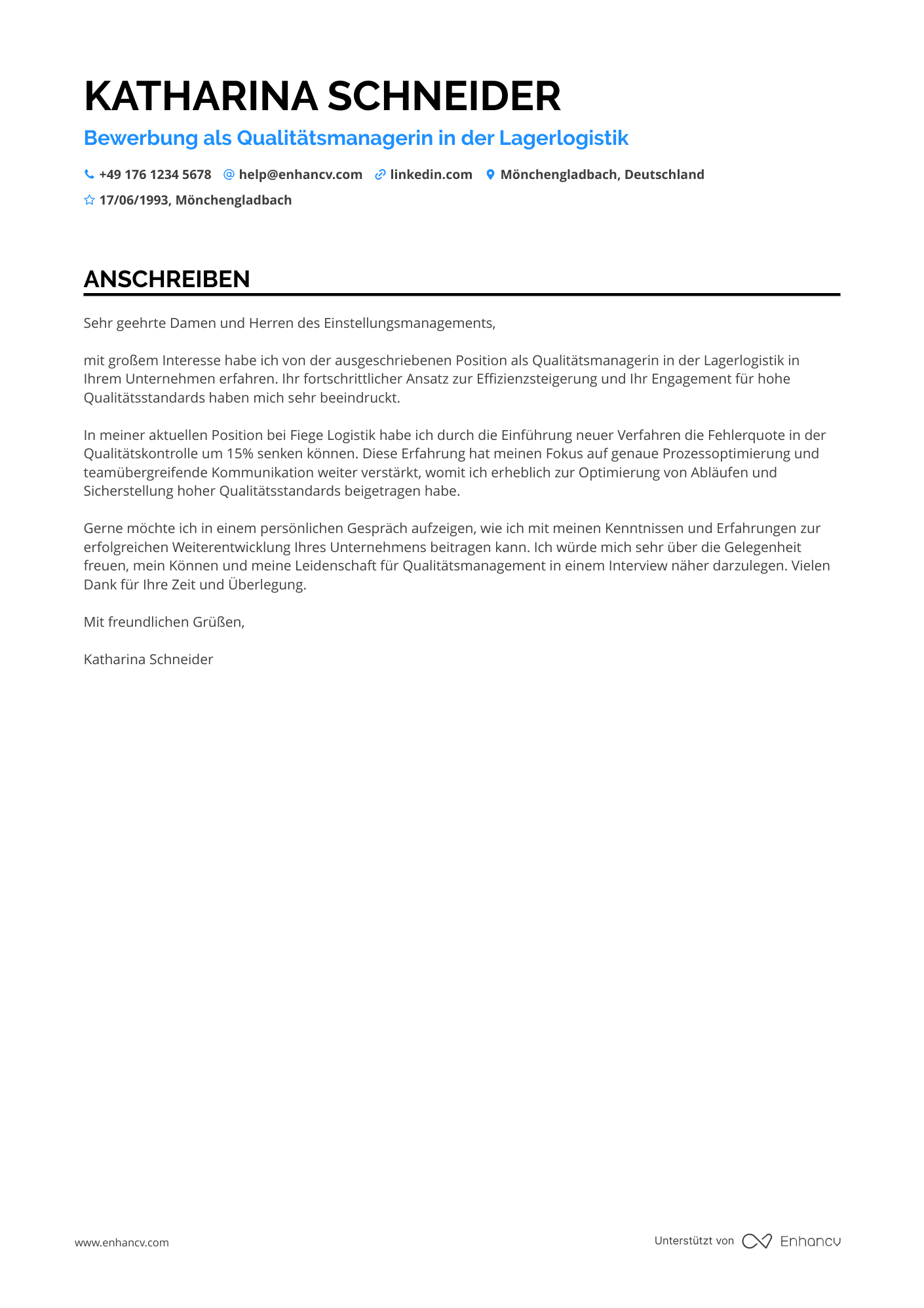 Lagerist für Qualitätskontrolle Resume Example