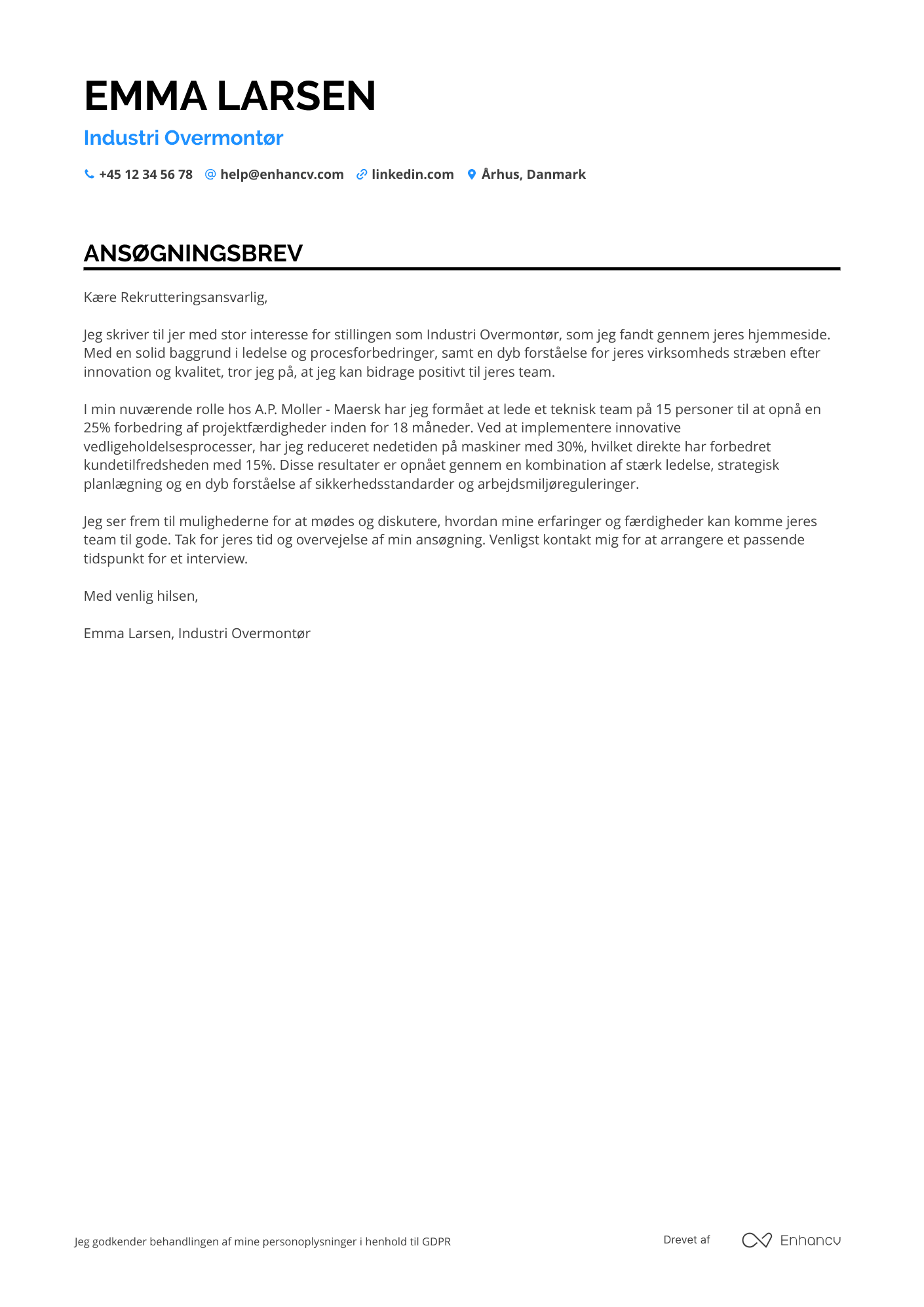 Ansøgningsbrev til Industriel Overmontør Resume Example