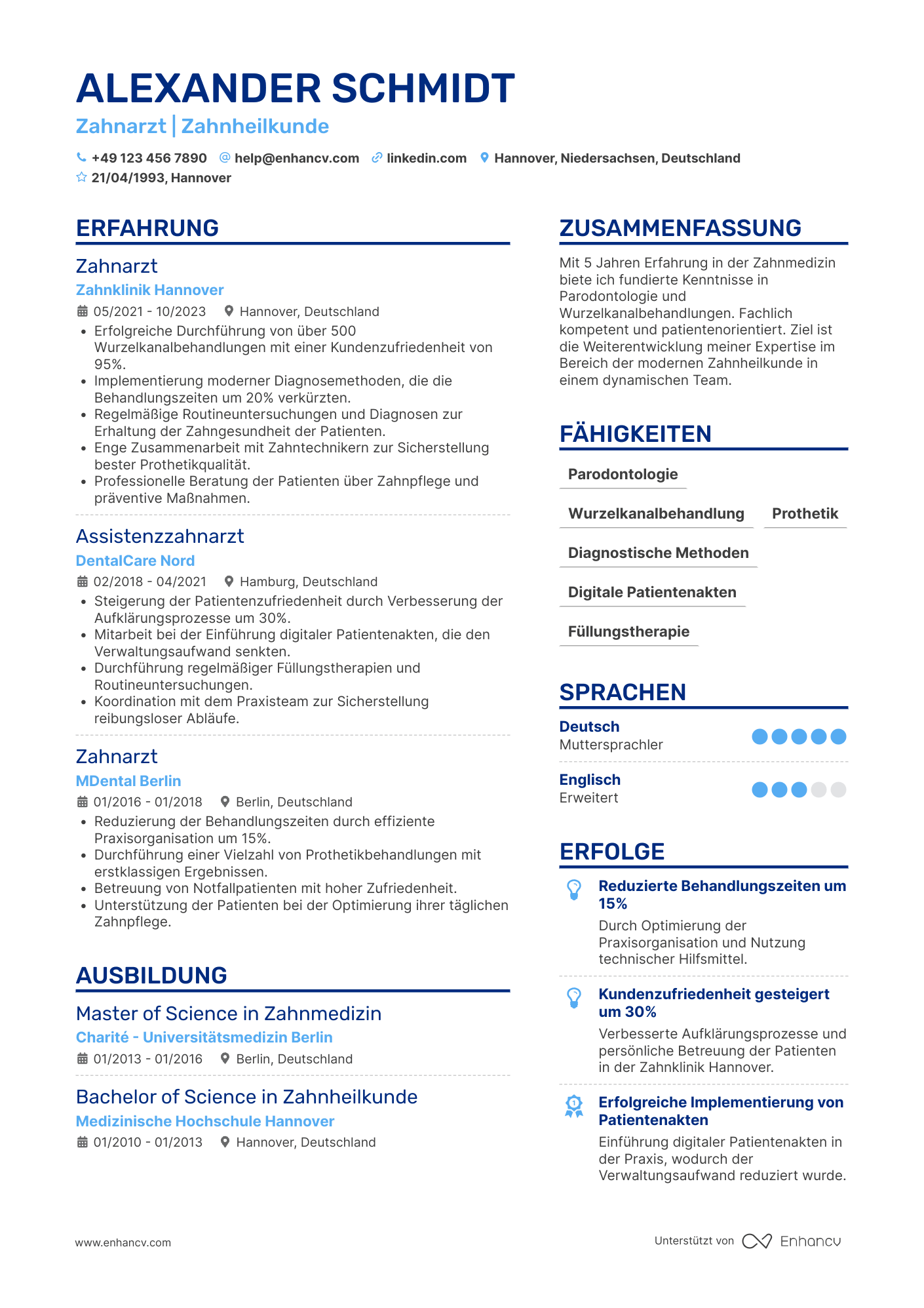 Lebenslauf als Zahnarzt für Vollzeit Resume Example