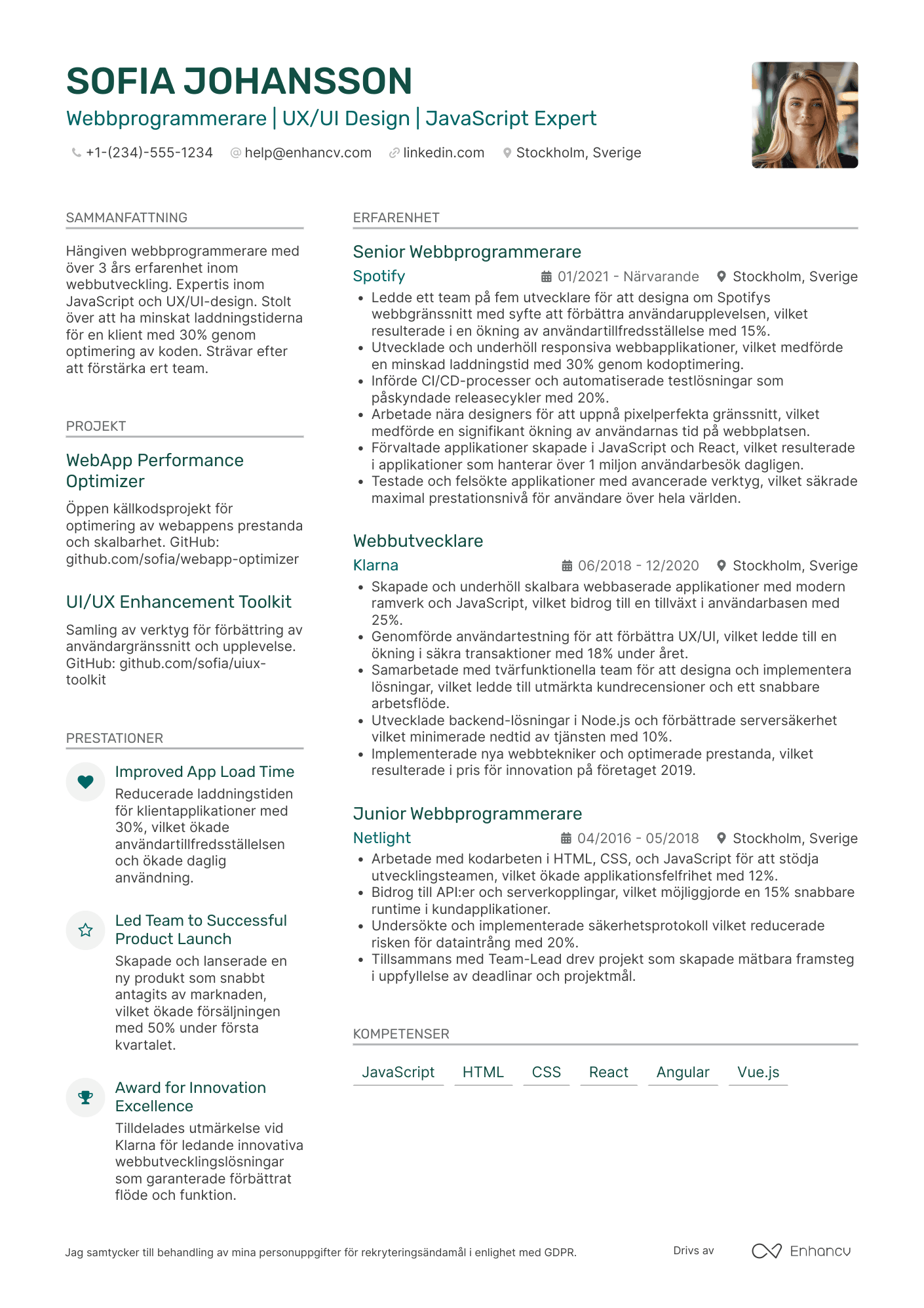 CV för Webbprogrammerare Resume Example
