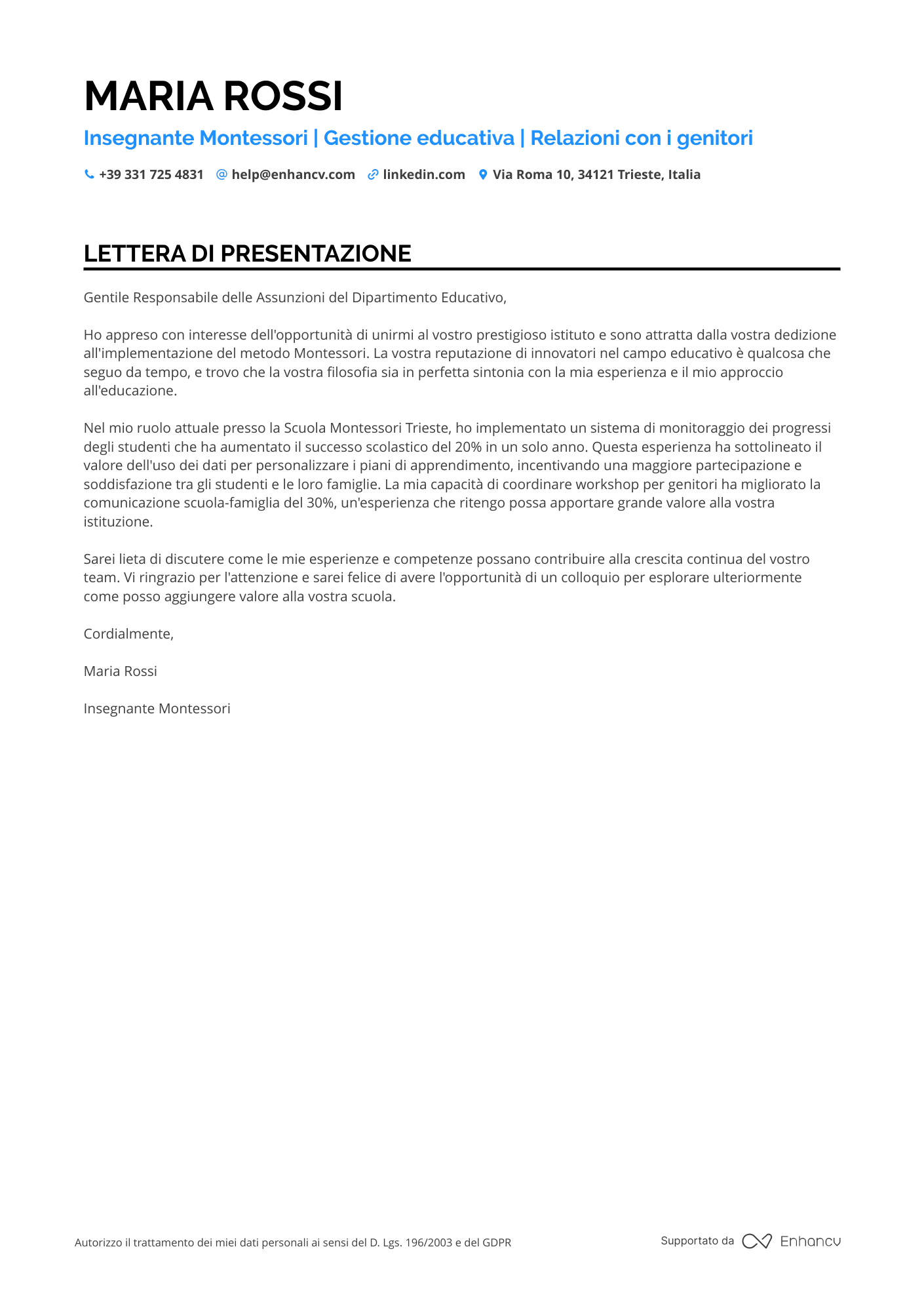 Insegnante di Scuola Primaria Resume Example