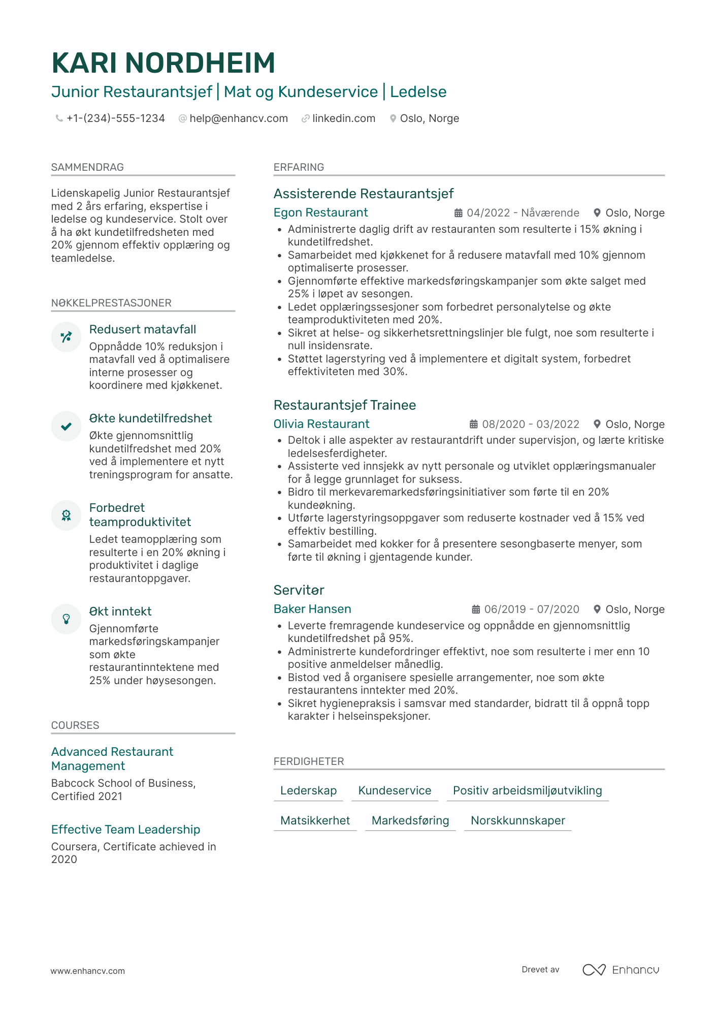 CV for Junior Restaurantsjef Resume Example