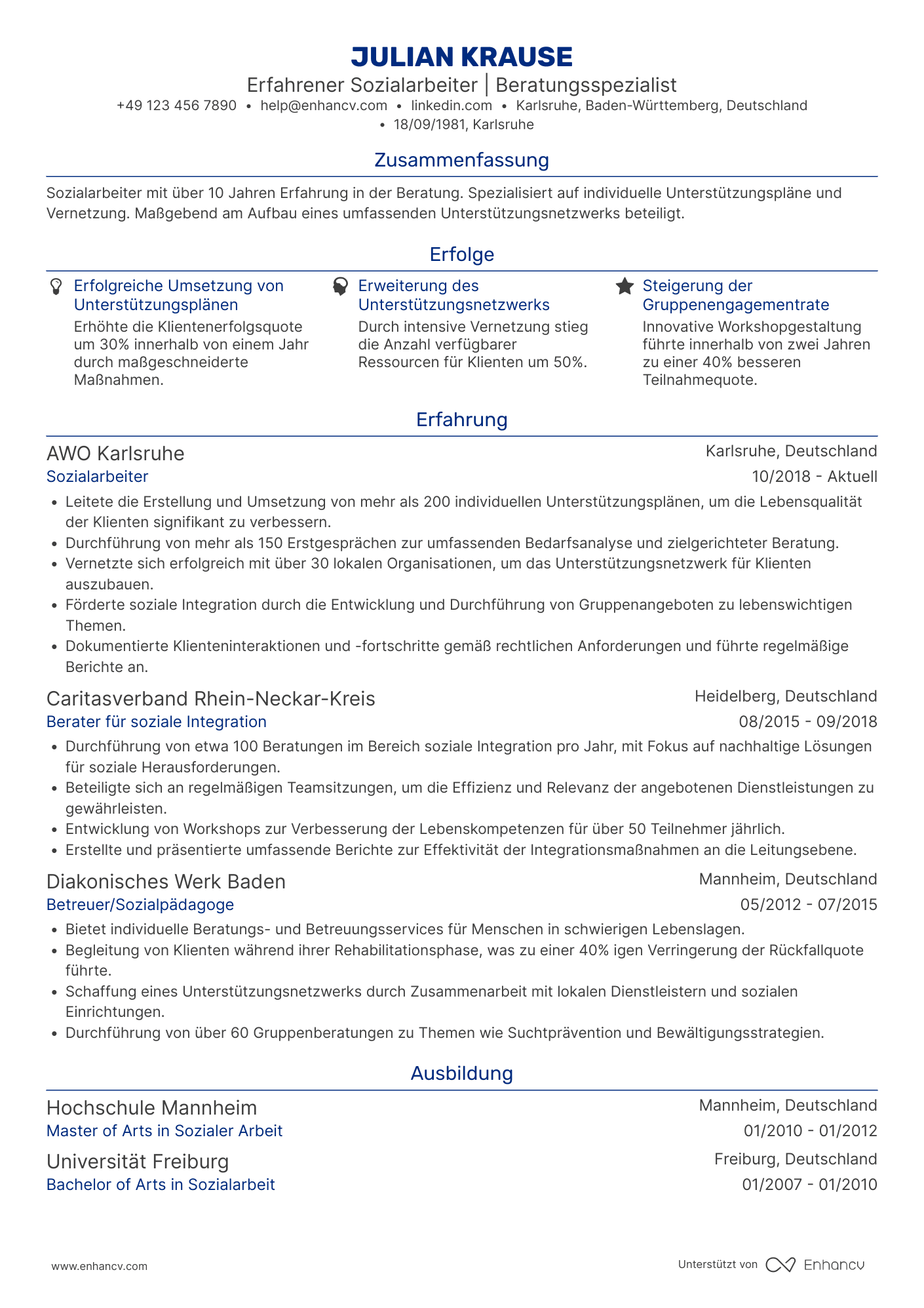 Lebenslauf als Erfahrener Sozialarbeiter Resume Example