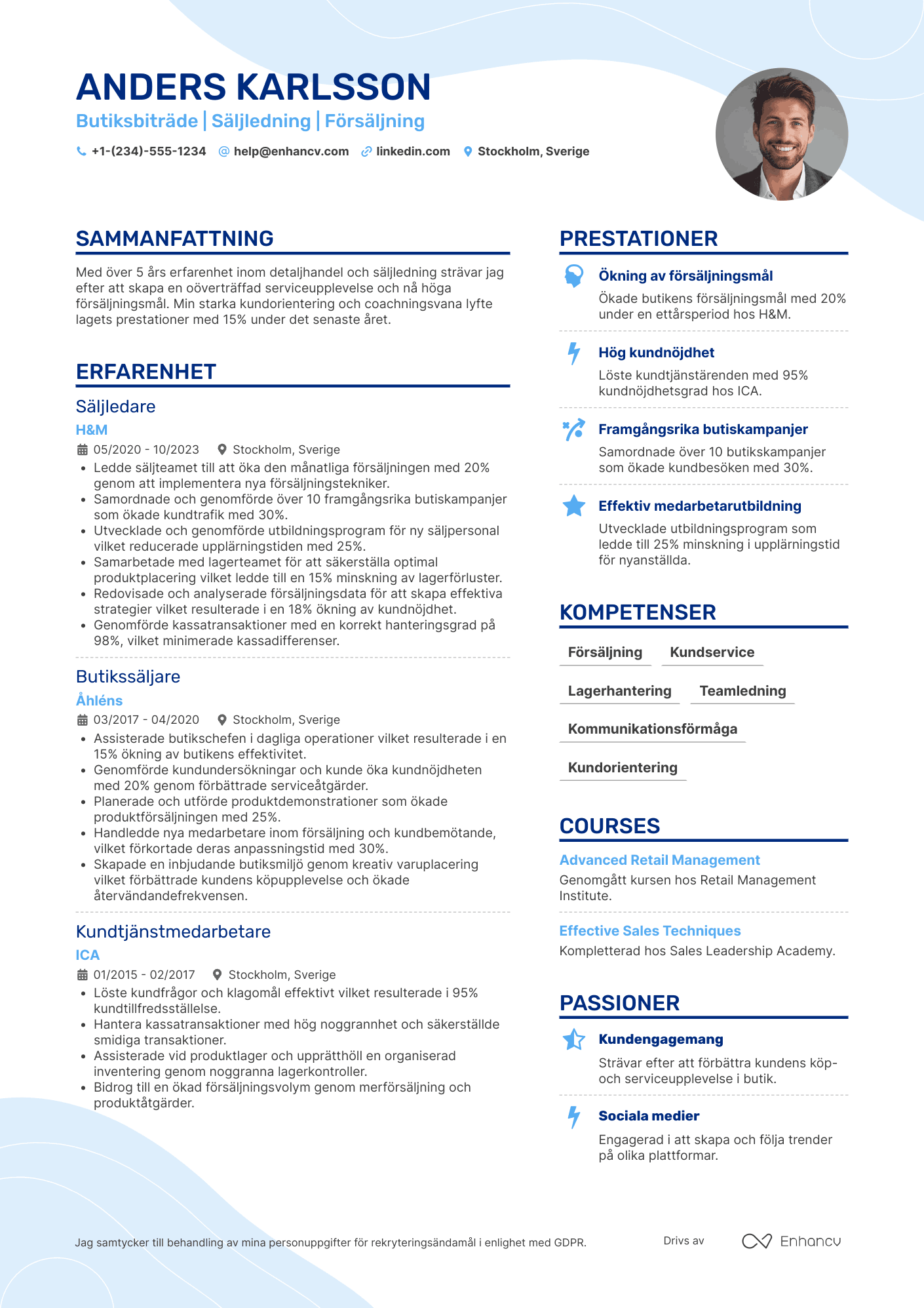CV för Butiksbiträde Säljledning Resume Example