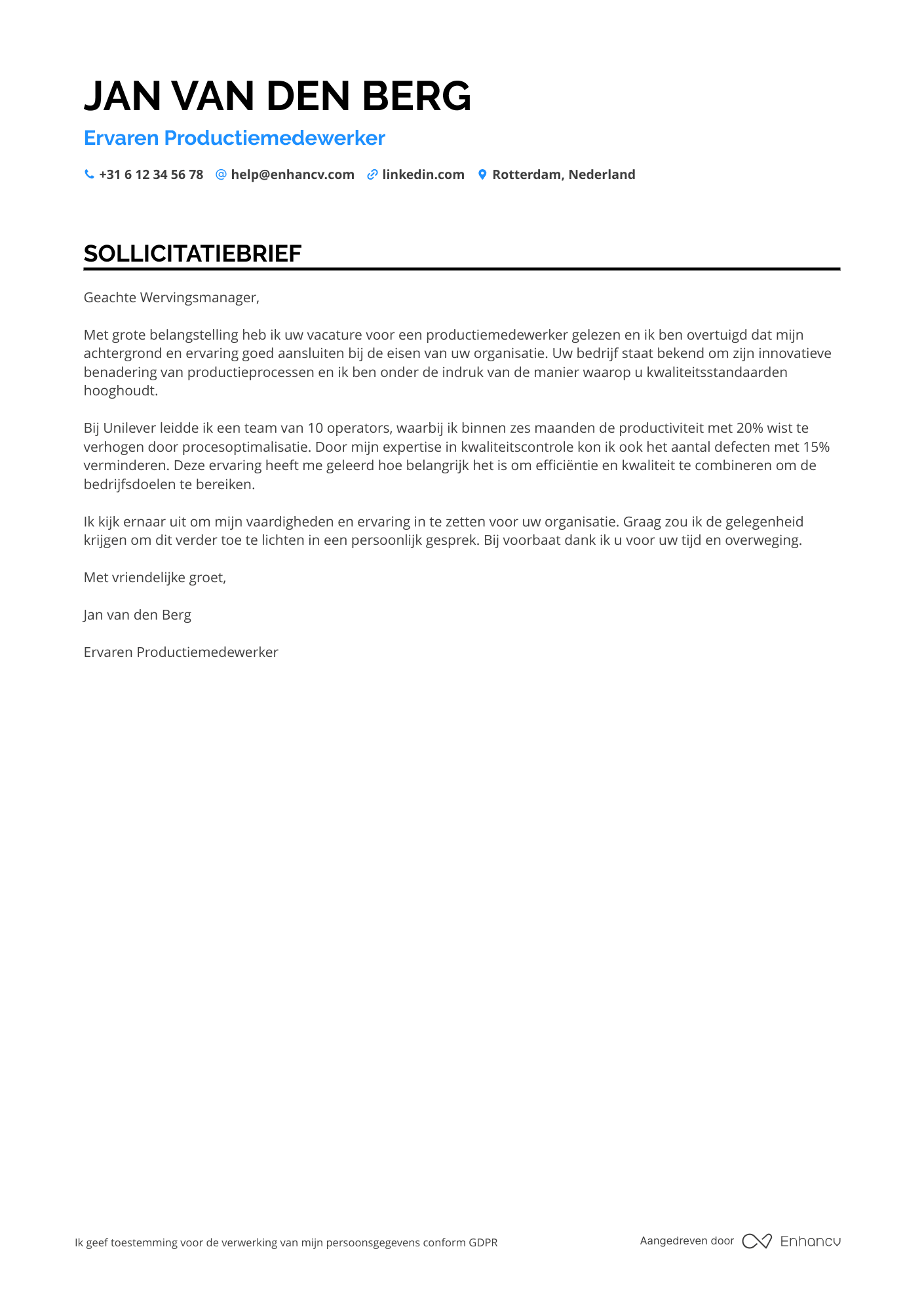 Sollicitatiebrief voor Fabrieksarbeider Productie Resume Example