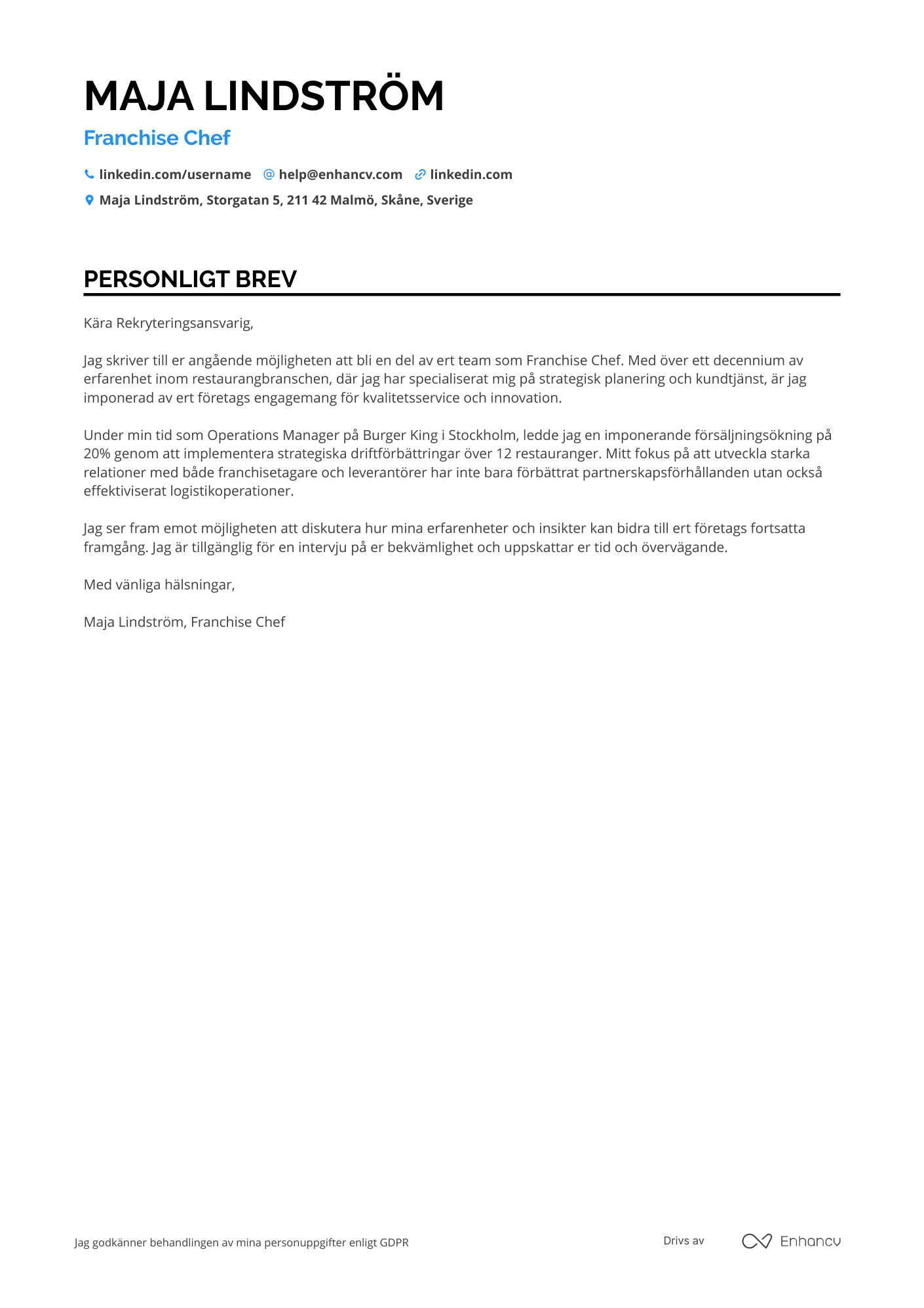 Personligt brev för McDonald's Franchisechef Resume Example