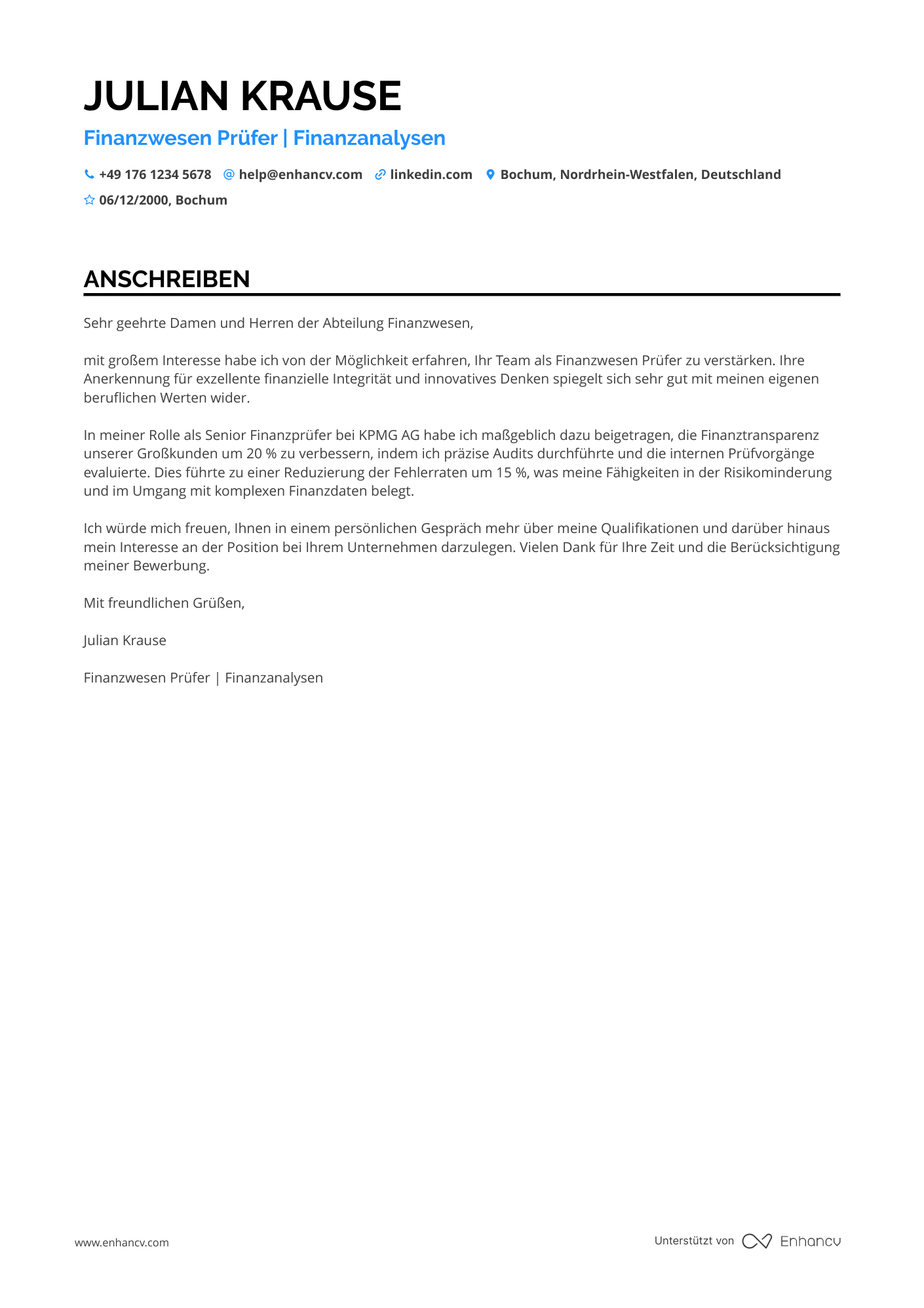 Finanzwesen Prüfer Resume Example