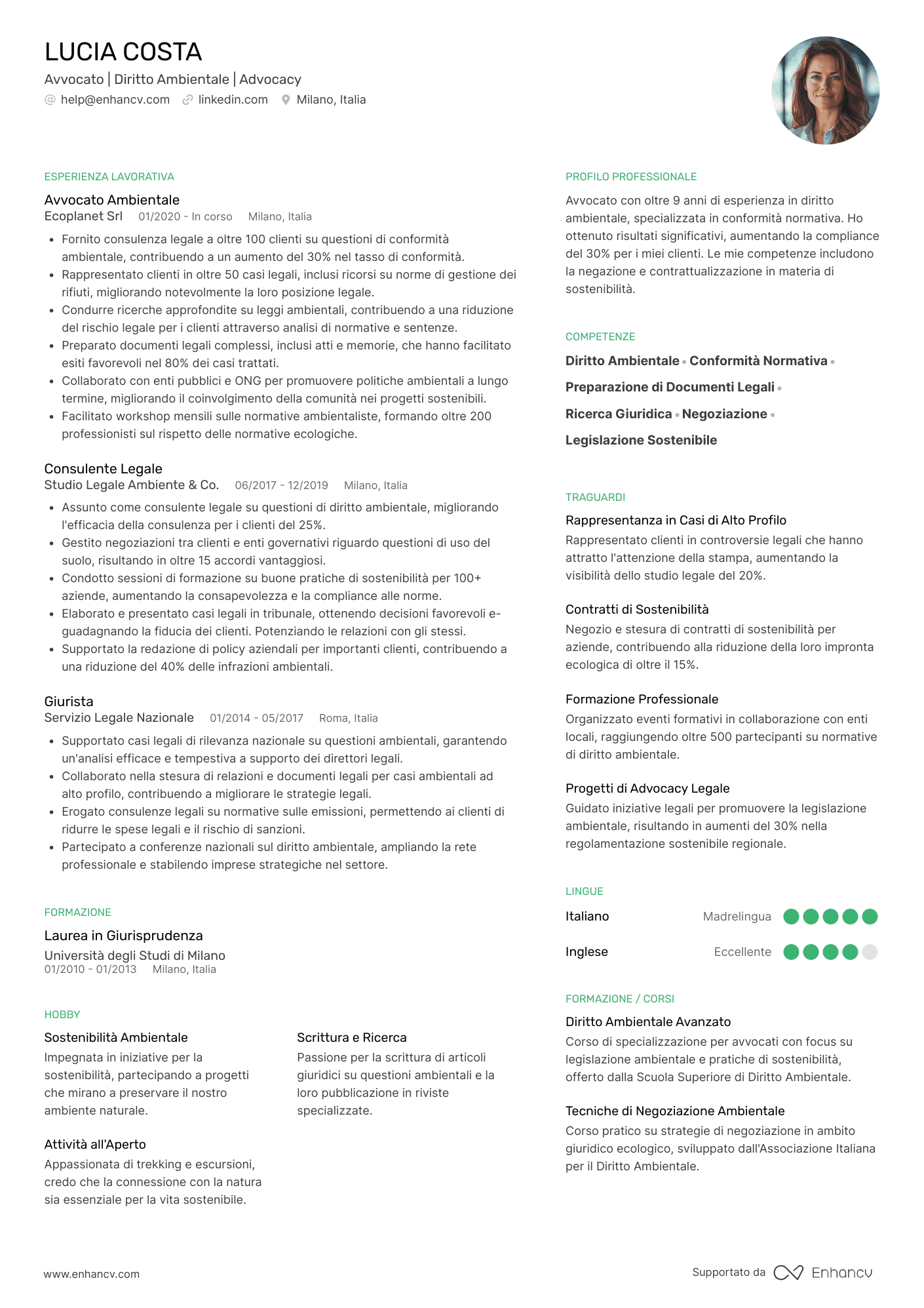 Avvocato dell'ambiente Resume Example