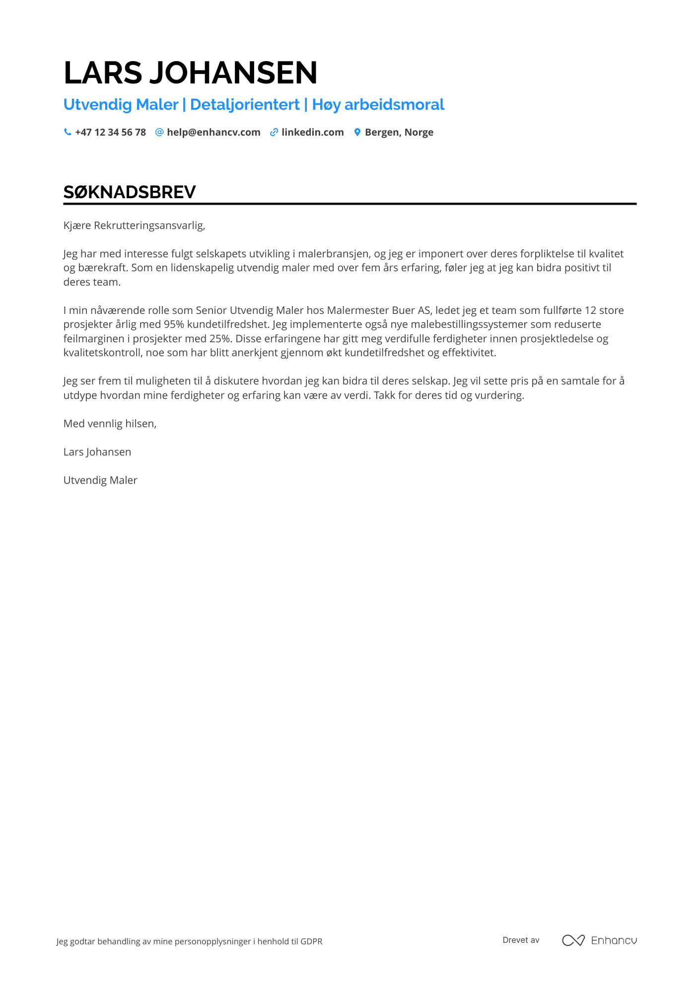 Søknadsbrev for Utvendig maler Resume Example