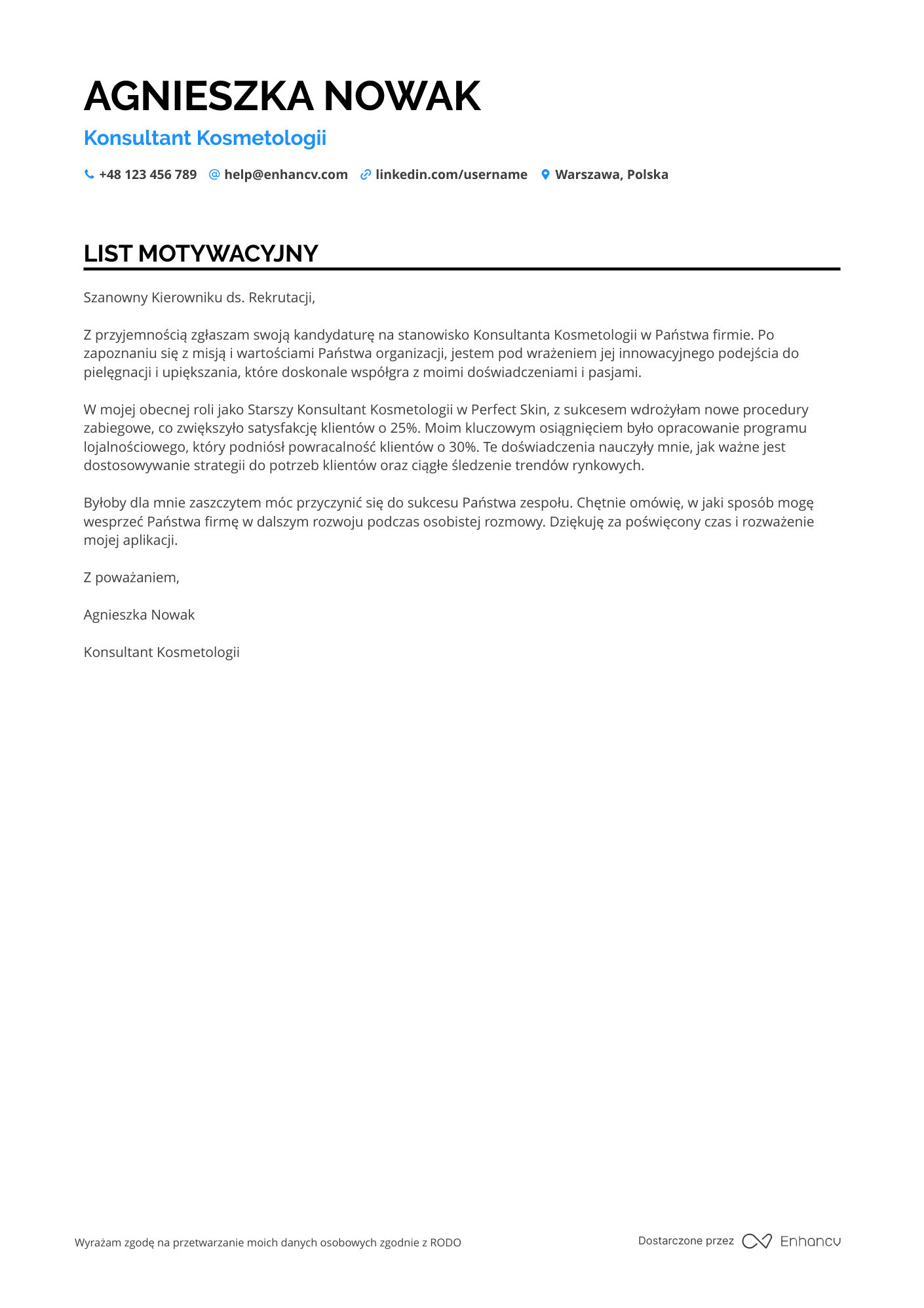 List motywacyjny dla Konsultant Kosmetologii Resume Example