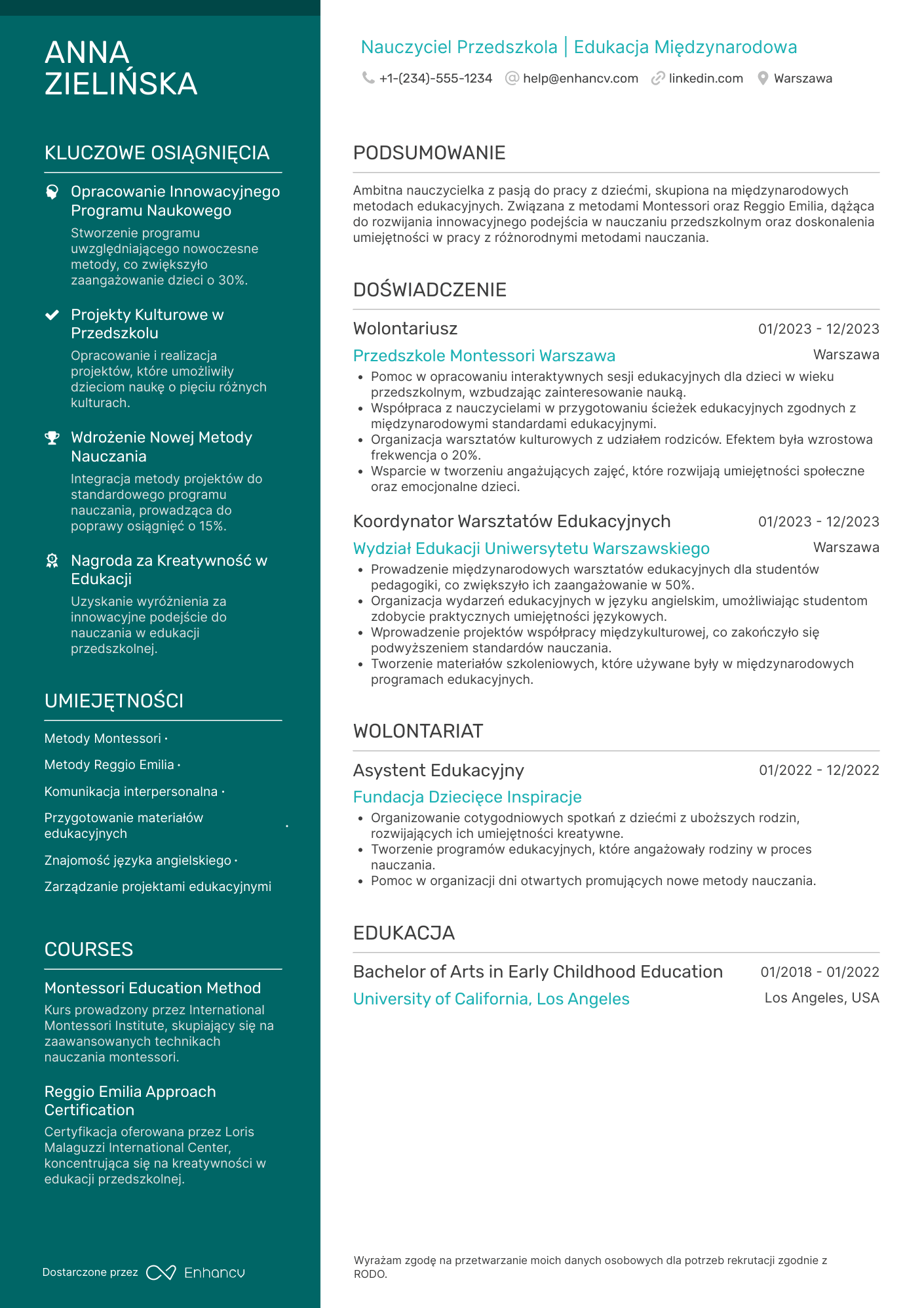CV dla Nauczyciel Przedszkola z Doświadczeniem Międzynarodowym Resume Example
