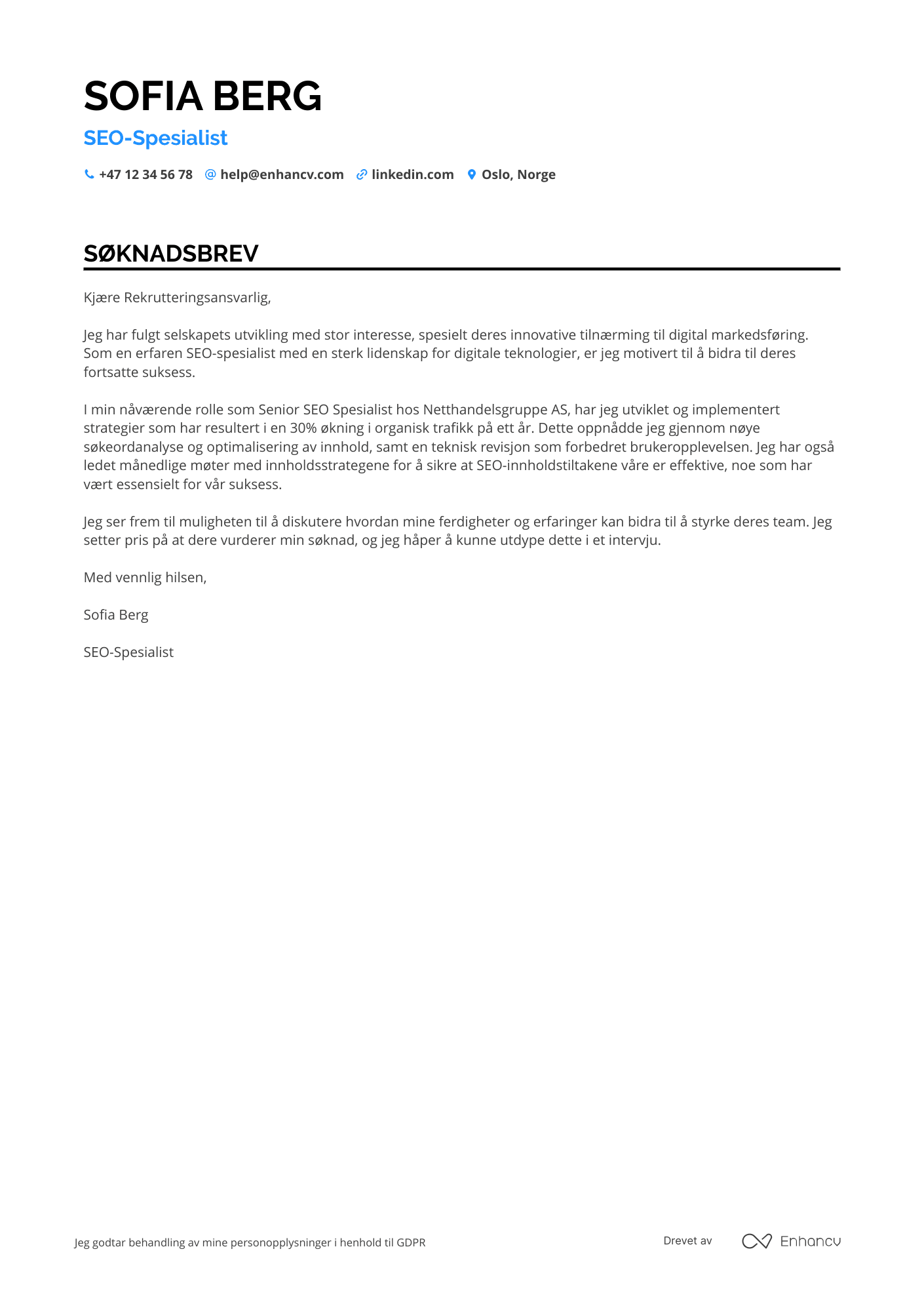 Søknadsbrev for SEO Spesialist i E handel Resume Example