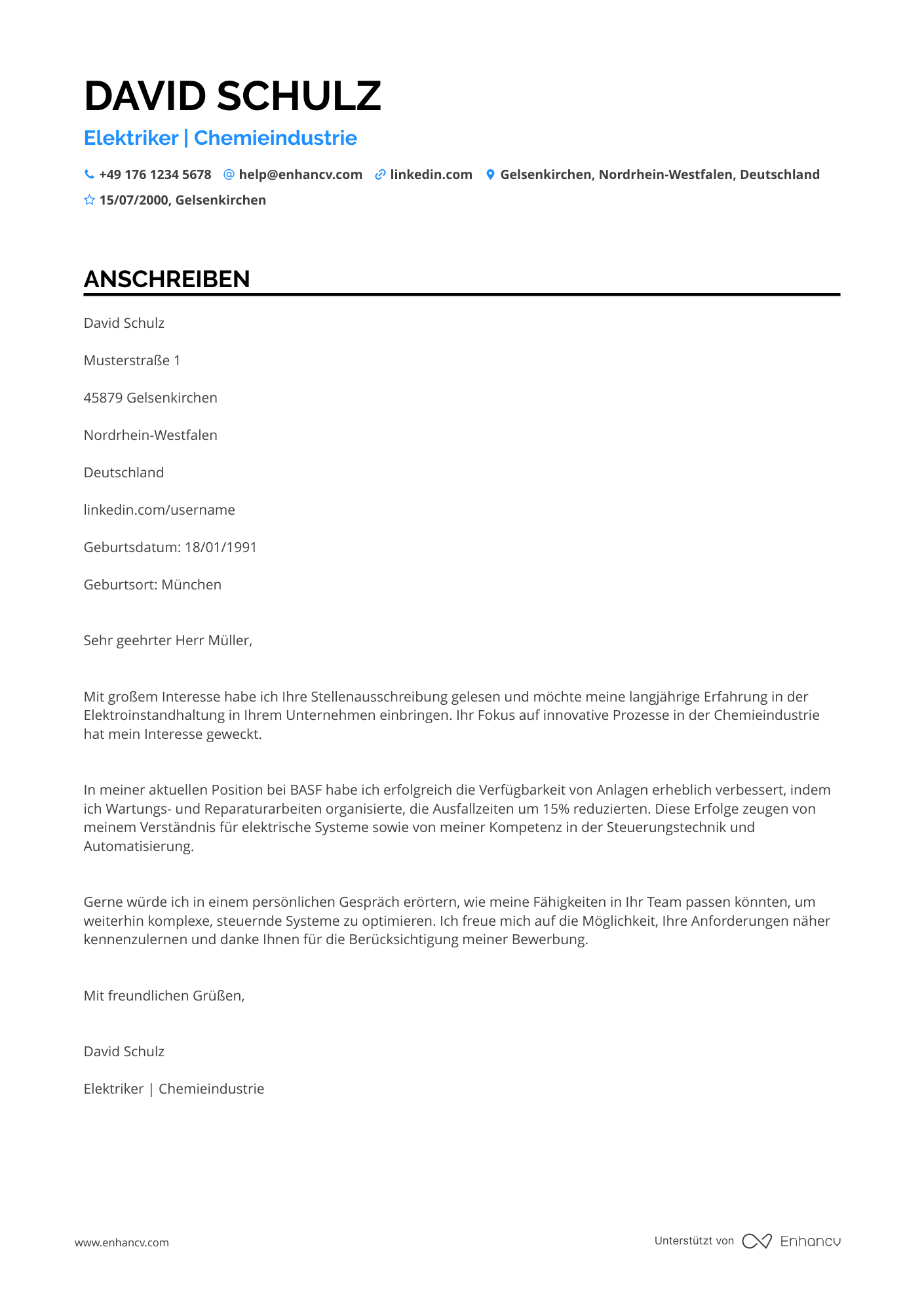 Elektriker in der Chemieindustrie Resume Example