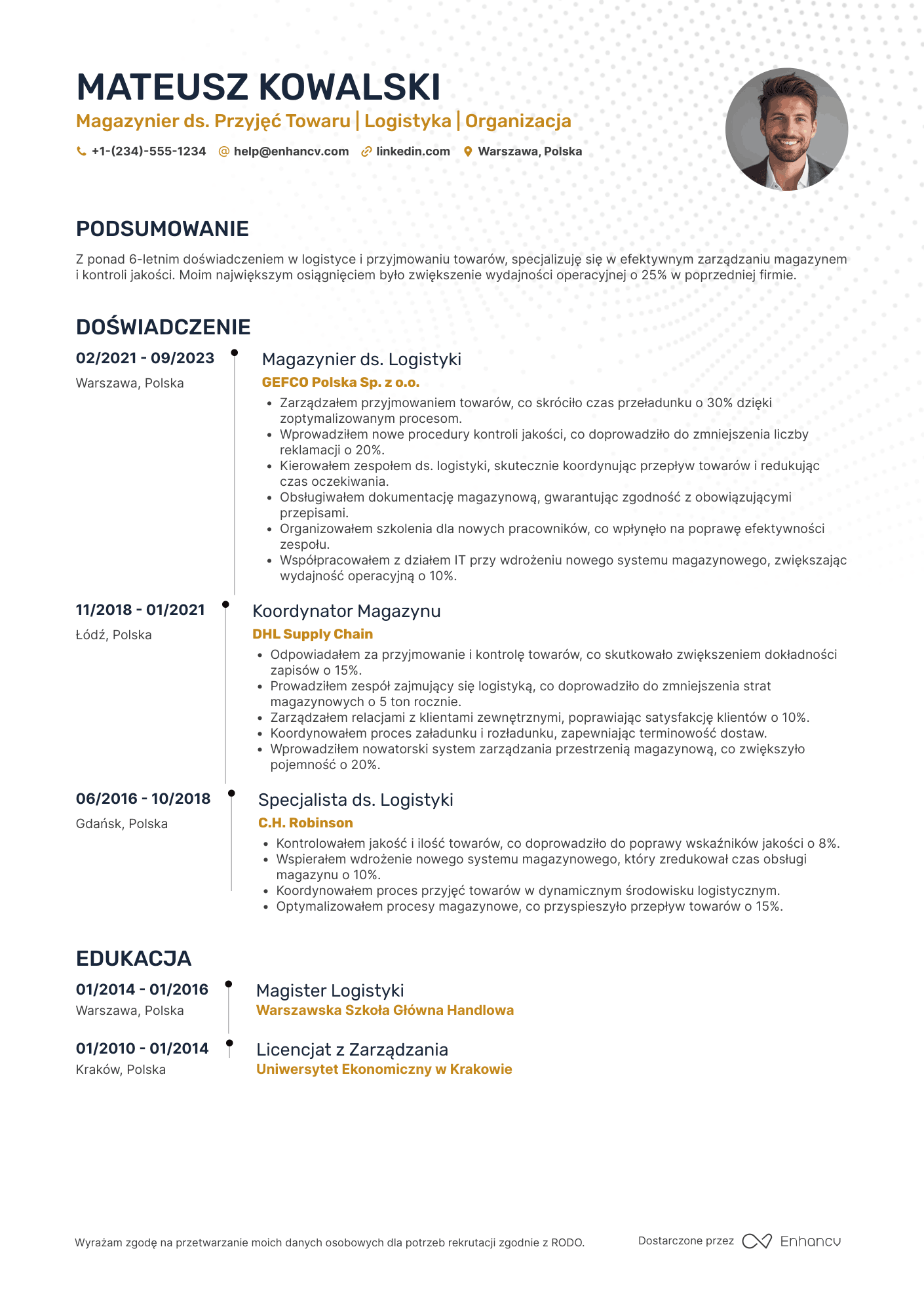 CV dla Magazynier ds. Przyjęć Towaru Resume Example