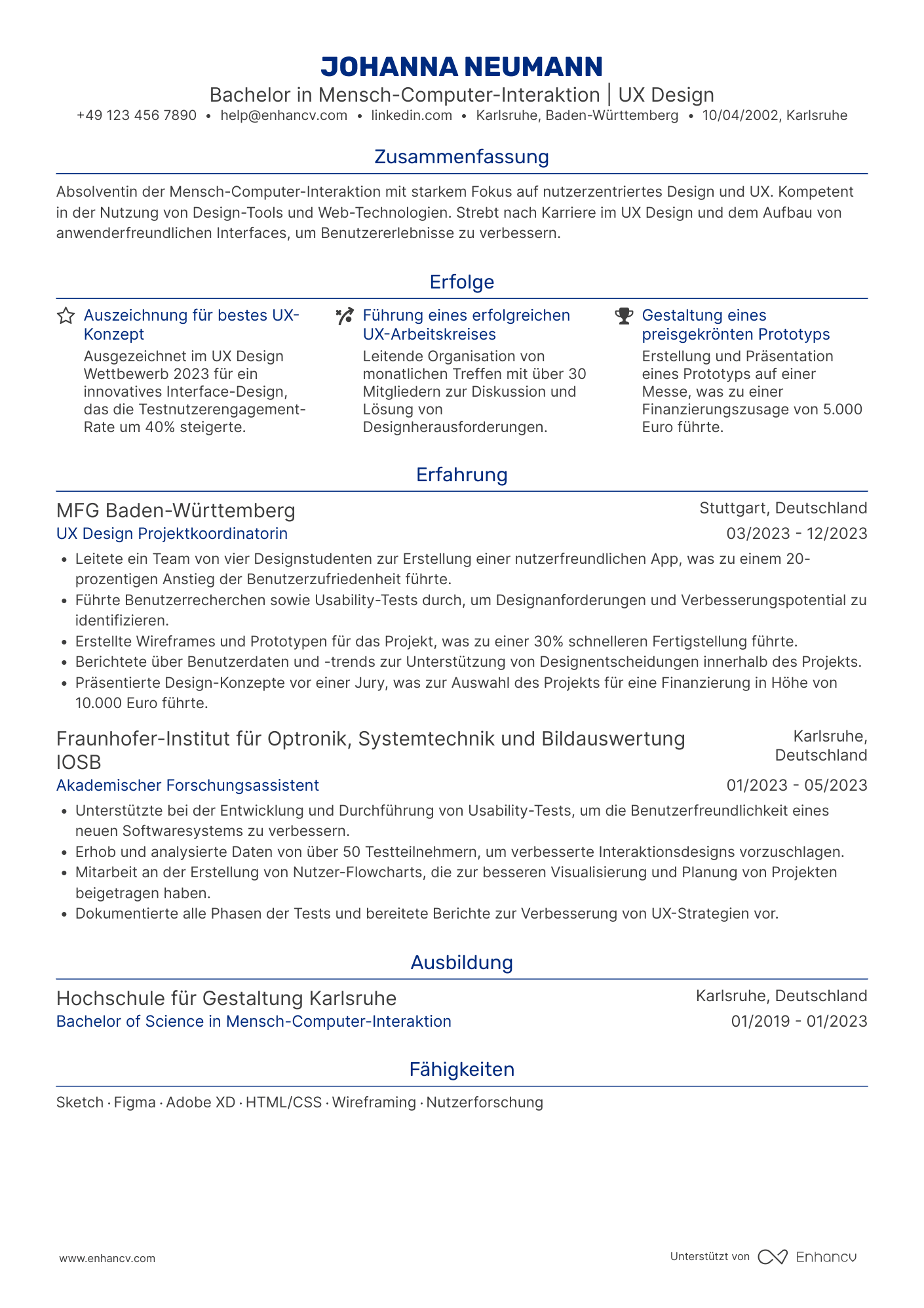 Lebenslauf als UX Design Praktikant Resume Example